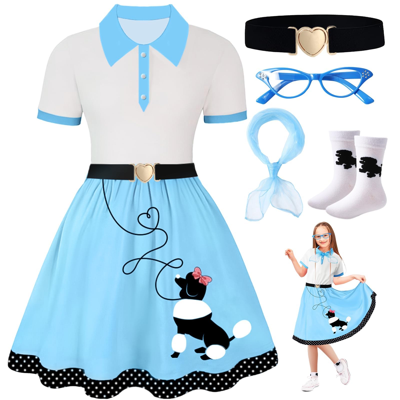 PARTTELY Poodle Skirt, 50s Outfit for Girls, 5PC 1950's Sock Hop Costume with Glasses,Waistband,Scarf and Sock for Halloween