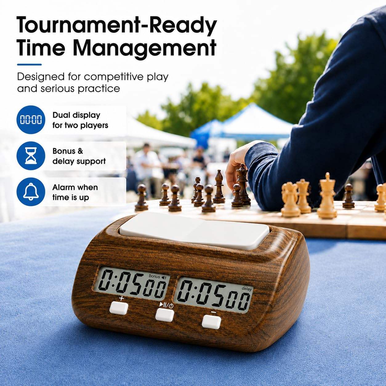 LEAP Orologio per scacchi, timer per scacchi digitale con ritardo e bonus, professionale per giochi tavolo, timer, venature del legno