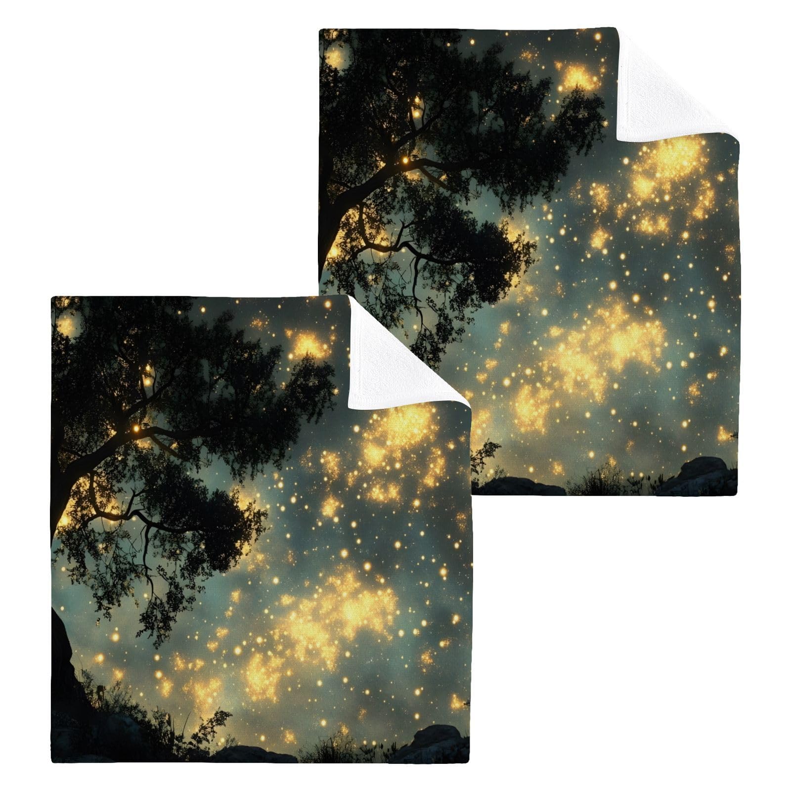 YANENDIE Night Sky Tree Washcloths Towels, Highly Absorbent and Soft Cotton Face Cloths, 2 Pack Quick Dry Wash Cloths - 12 X 12 Inches