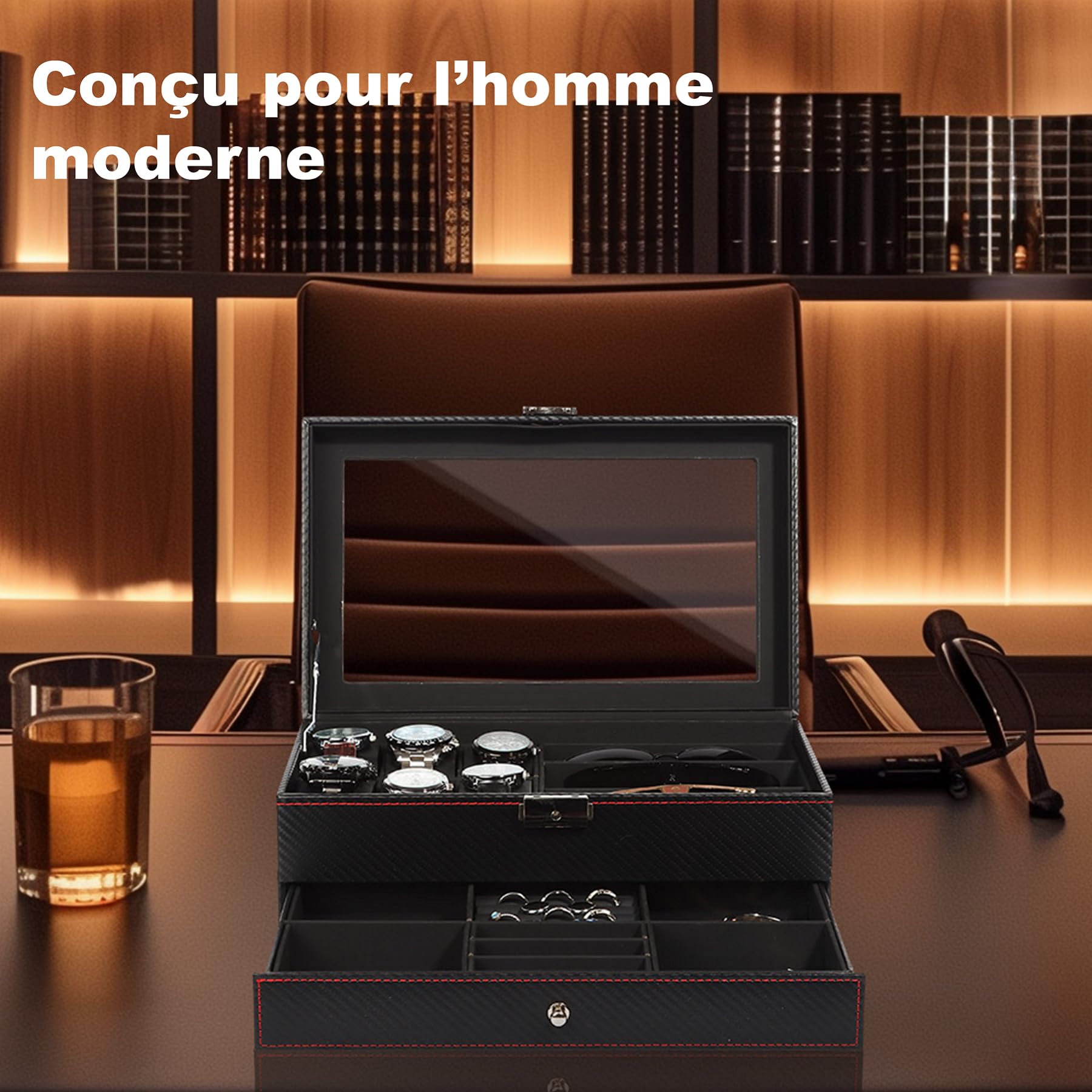 Boite a Bijoux Homme, Rangement Montres et Lunettes avec Grand Couvercle en Verre, 6 Emplacements et 2 Niveaux, Coffret Montre, Boîte à Montres avec Serrure, boite a montre homme, Idée Cadeau -Noir