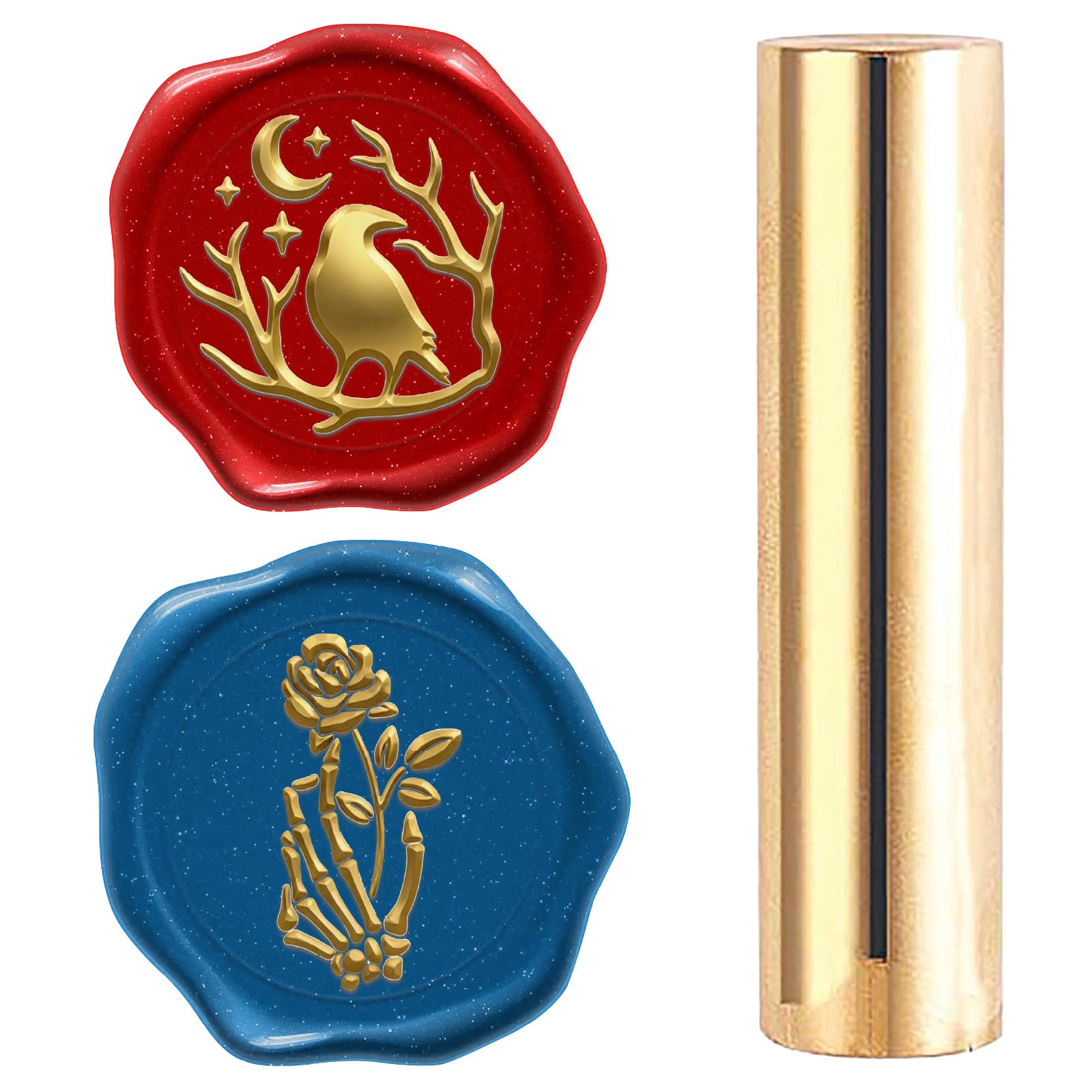 CRASPIRE Raven Wax Seal Stamp Rose Skull Wax Seal Stamp 15mm Gold Brass Vintage Portable Double Headed Halloween Skeleton Hand Moon Branch Mini Sealing for Invitation Envelopes Gift Wrapping DIY Craft