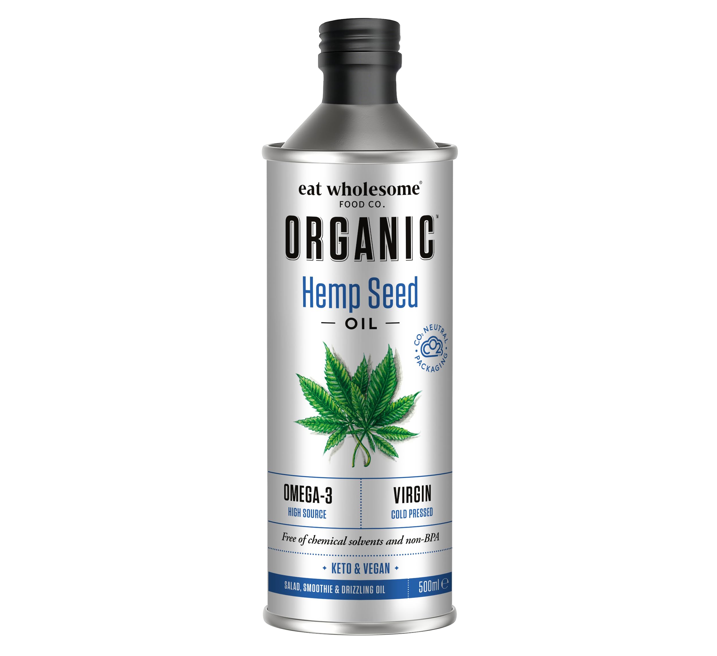 Eat Wholesome Organic Hemp Seed Oil, 500ml - Cold Pressed, Unrefined, High Source of Omega 3, 100% Pure & Natural, For Soups, Salads, Vegan