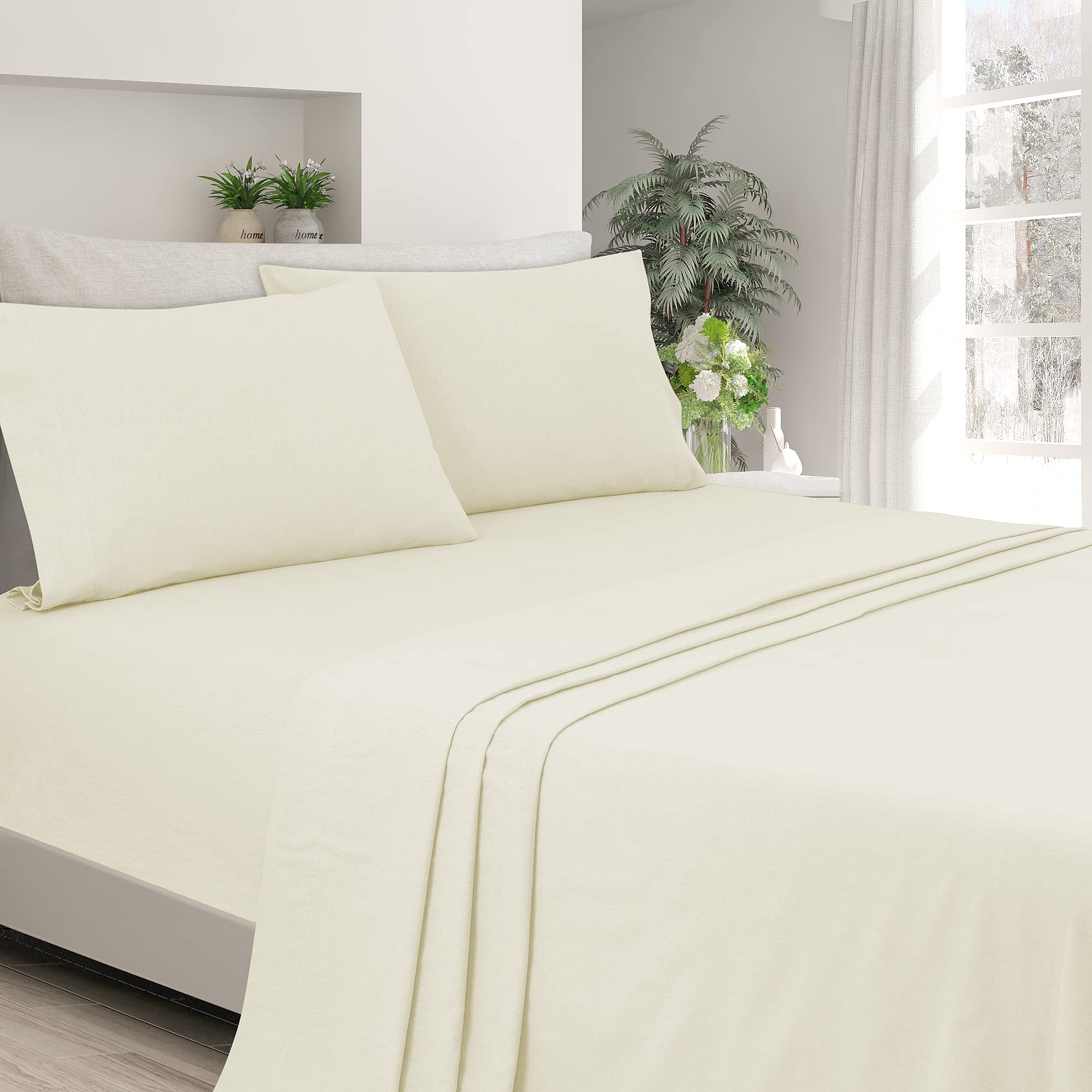 LAMANNI Flannel Sheet Set - Soft, Warm, Moisture Wicking - 4 Piece Bedding Set (Ivory, Full)