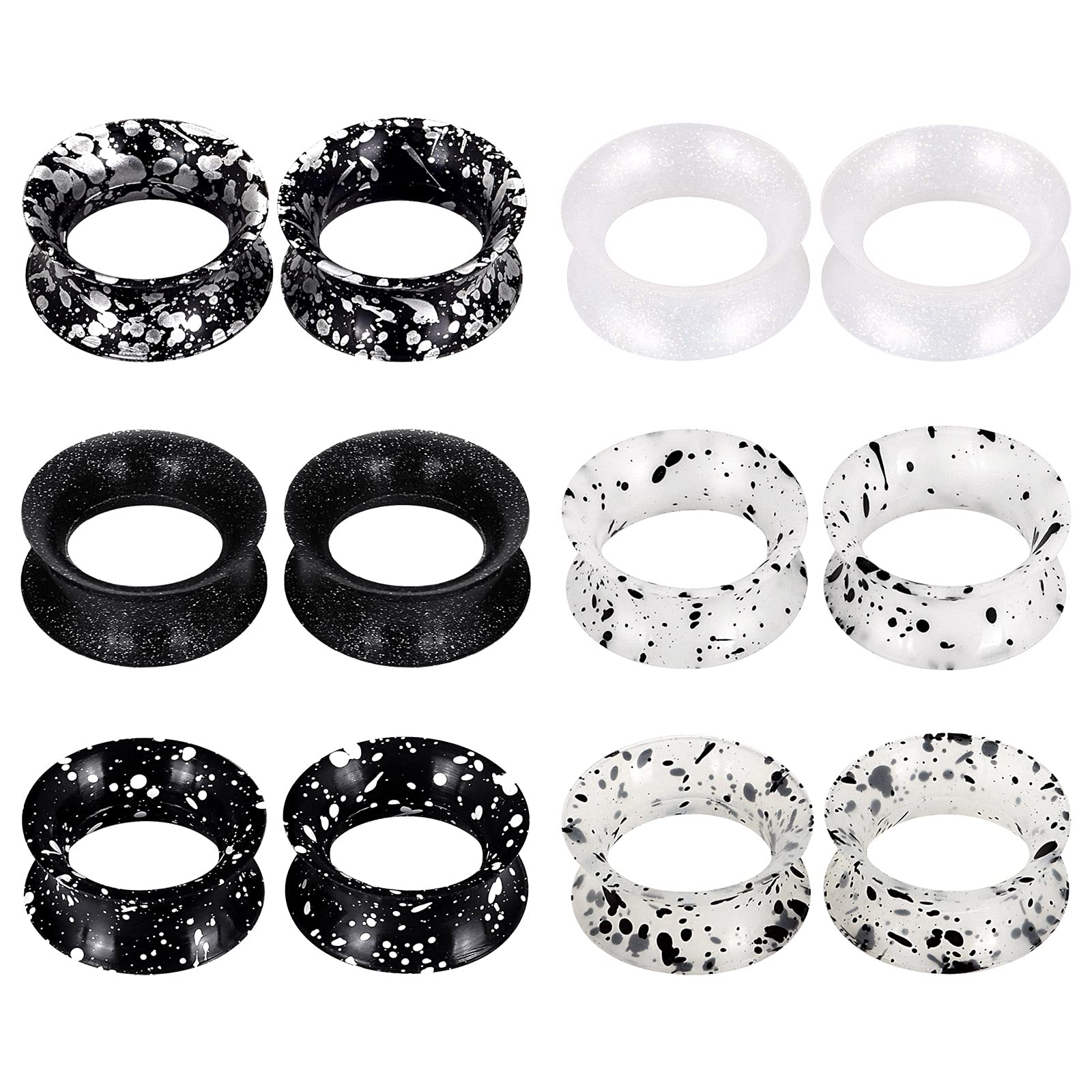 Stuppendux6Pairs Black and white Series Spotted Soft Silicone Tunnels Set Ear Expander Tunnels Gauges Plugs Stretchers Double Flared Flesh Tunnels Ear Piercing Jewelry for Women Men 2G-3/4