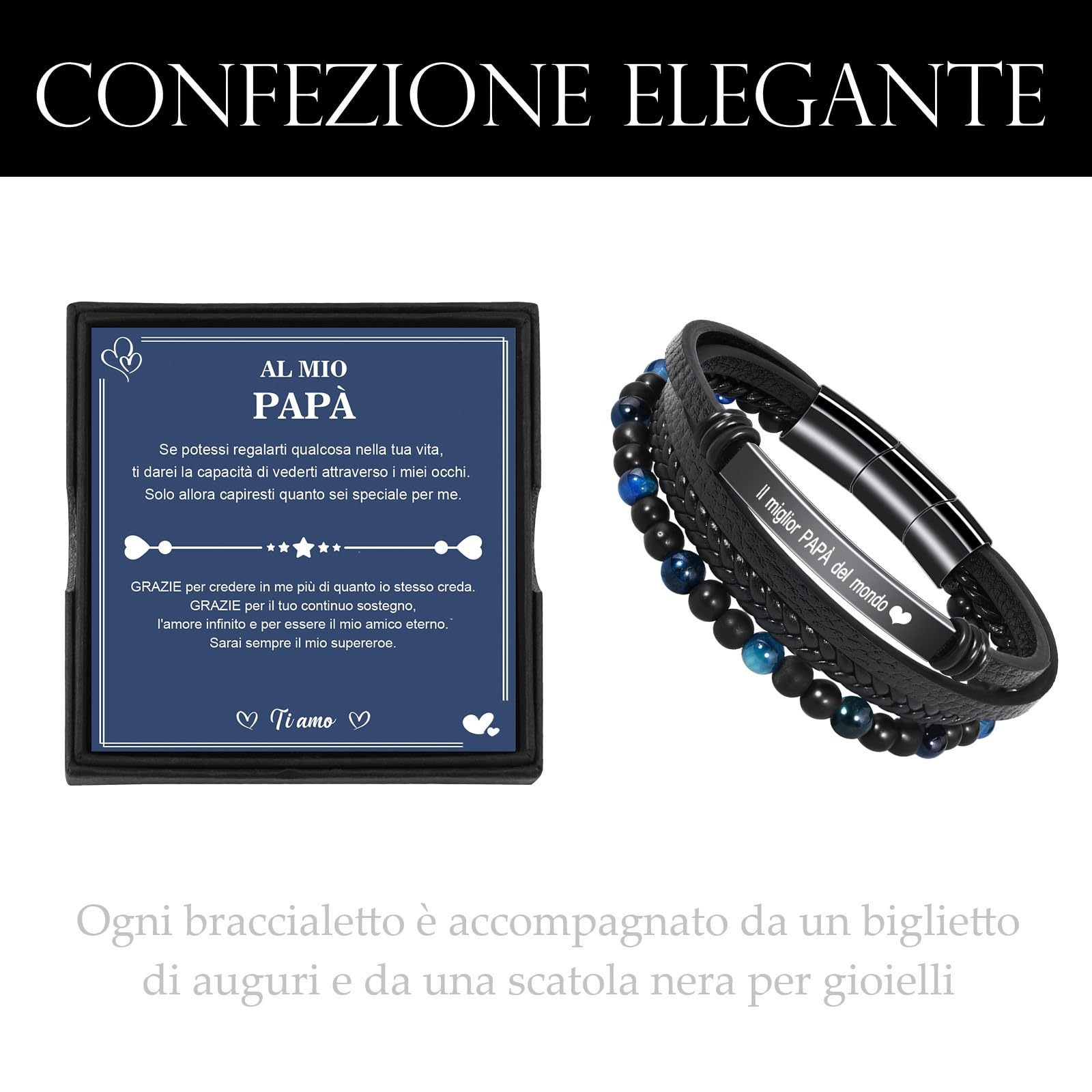 VGWON Regalo Uomo Bracciale da Uomo in Vera Pelle con Pietre Naturali, Regalo per Lui Marito Fidanzato Figlio Papà Nonno, Regalo San Valentino Compleanno Natale Anniversario