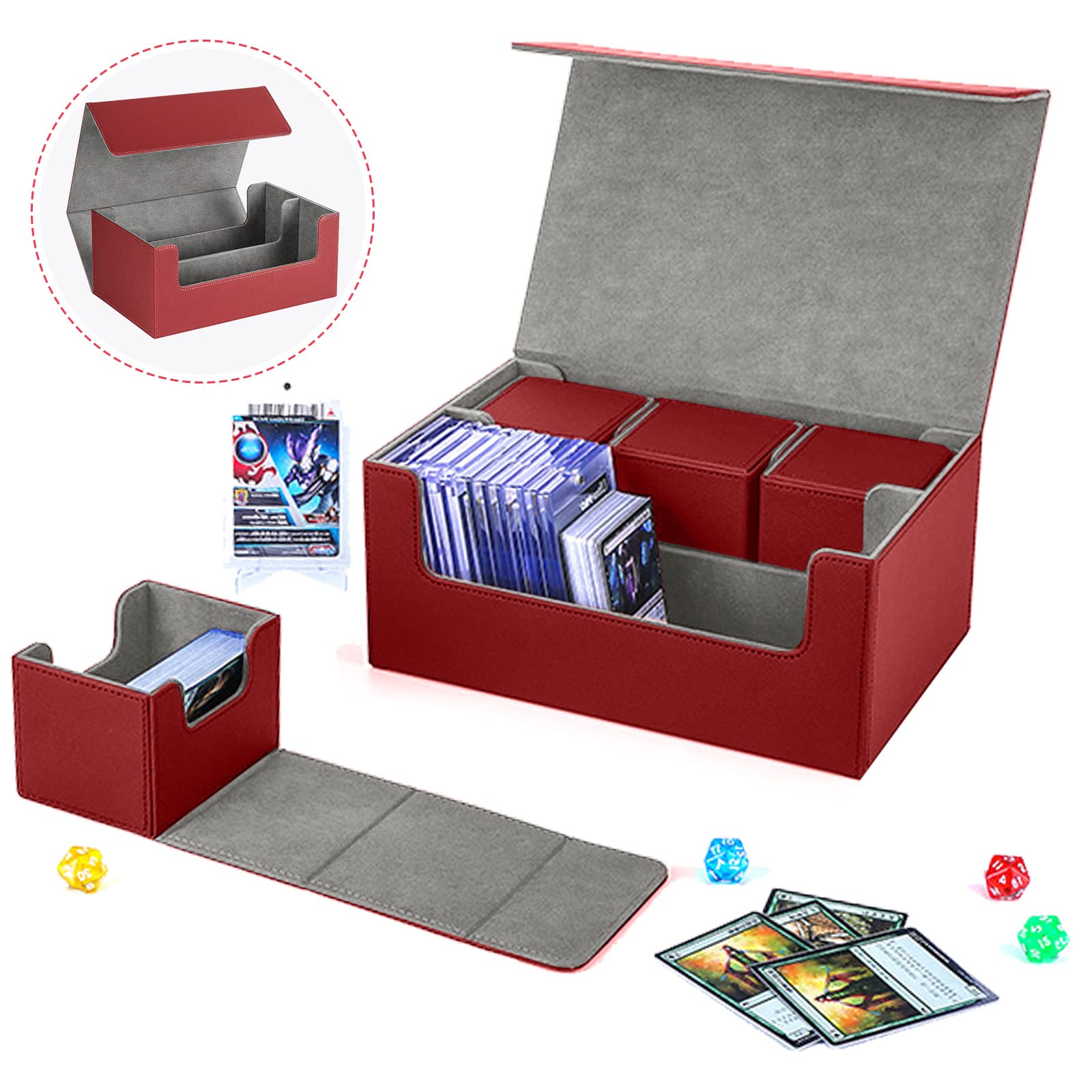 Premium 2-Row Trading Card Storage Box, chiusura magnetica Trading Card Deck Storage Box, 600 + Card Deck Case per Trading Cards, Sport Cards (rosso grigio)
