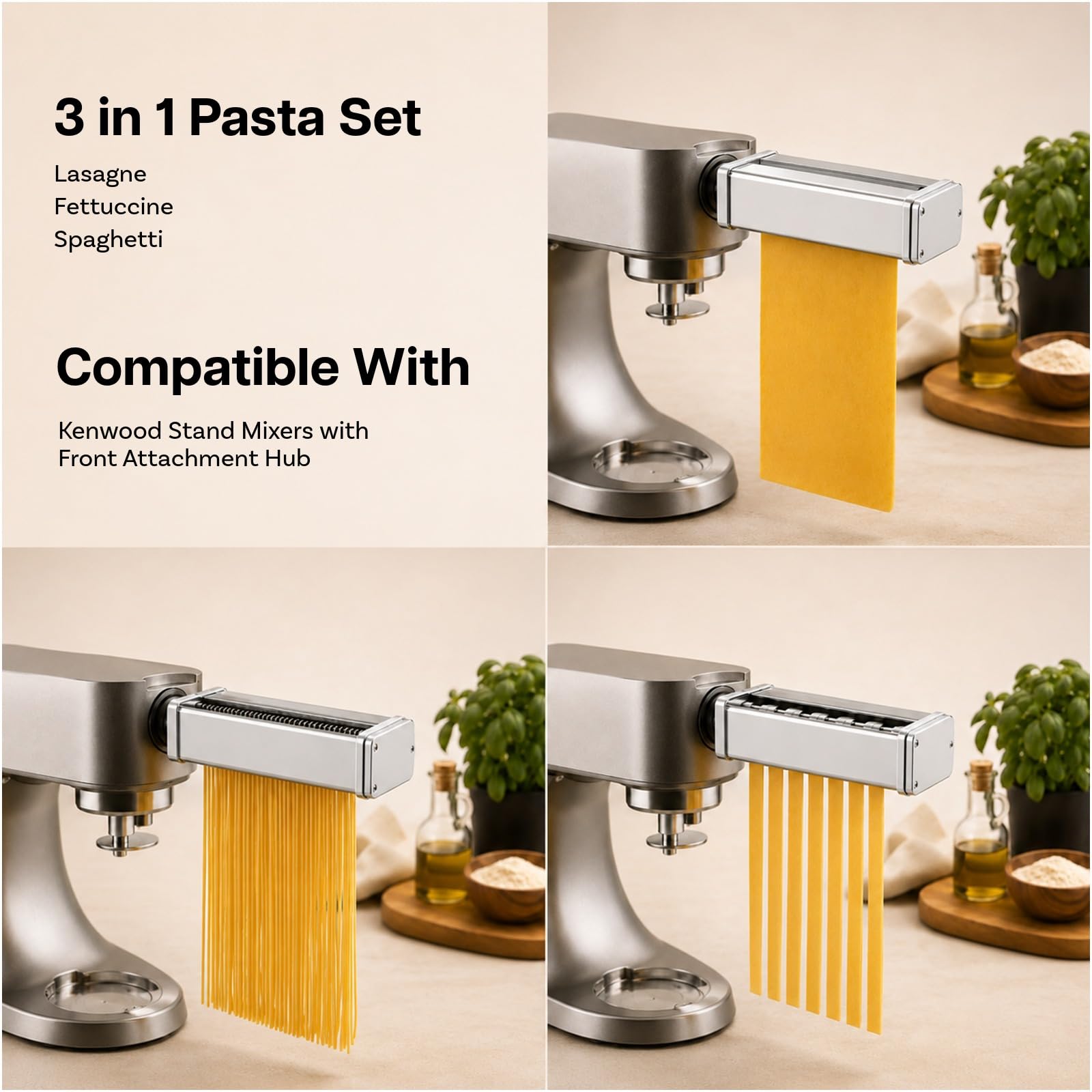 Nasadka do Makaronu do Miksera Stojącego dla Kenwood 3-częściowa – Wałek do Makaronu, Krajalnica do Spaghetti & Fettuccine – Stal Nierdzewna Akcesoria z Adapterem w Zestawie firmy MMOBIEL