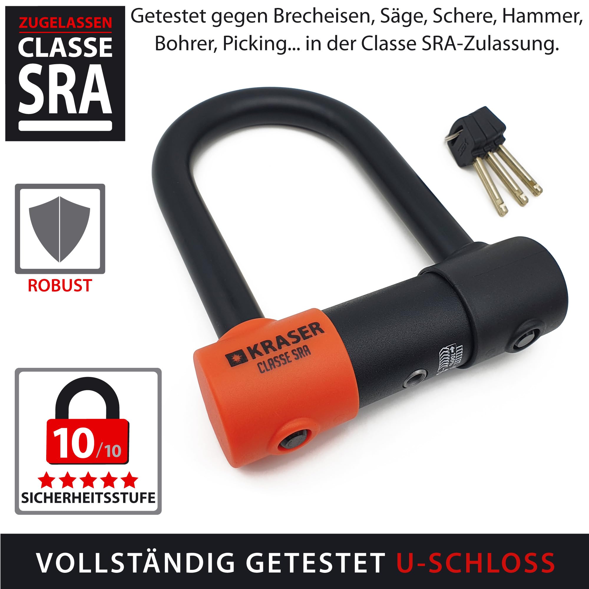 KRASER KR85S Anti-Diebstahl Motorrad Fahrradschloss Bügelschloss Vorhängeschloss U Homologiert SRA-Schloss Sicherheit Solides Schloss 85x125 Ø18 Diebstahlsicherung Motorräder Motorroller Fahrrad