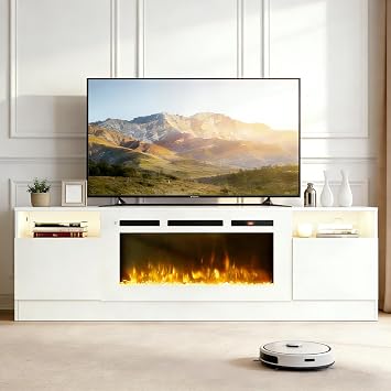 80" Fireplace TV Stand for TVs Up to 90",Entertainment Center with 36 Electric Fireplace and 12 Colors LED Lights,Large TV Console with Storage Cabinet for Living Room,All White
