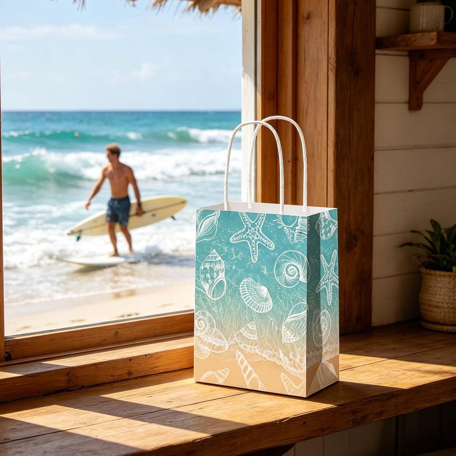 Qpout 12 Pack Beach Party Favor Bags, Ocean Themed Paper Gift Bags with Handles, Summer Luau Treat Bags for Beach Birthday, Pool Party, Wedding Welcome, Baby Shower Party Supplies image 5