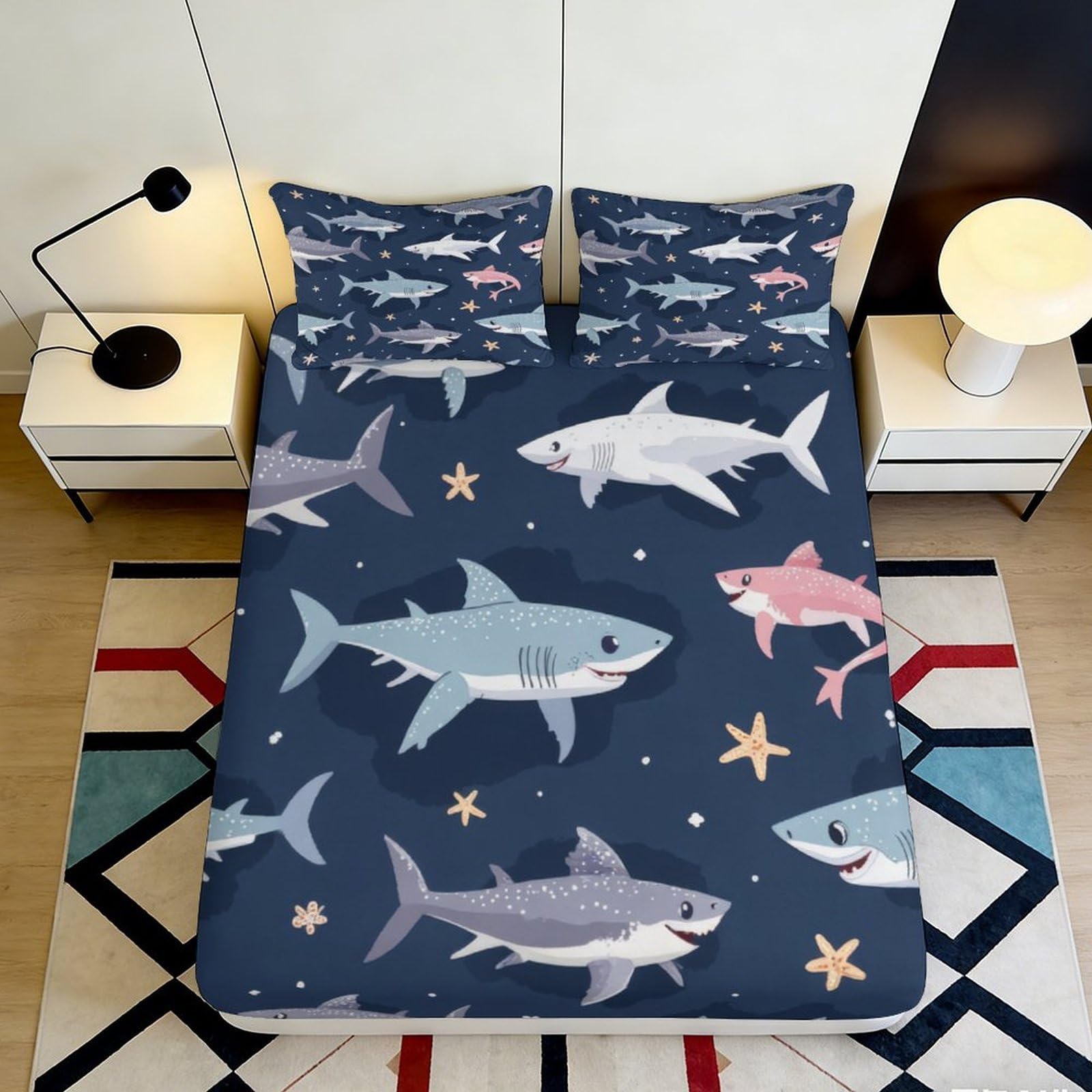 Uxinyoume Style-4 3D Printed Shark Ocean Fitted Sheet Microfiber Breathable Starfish Bed Cover For Bedroom Youth Dorm Easy Care 90X200x25cm