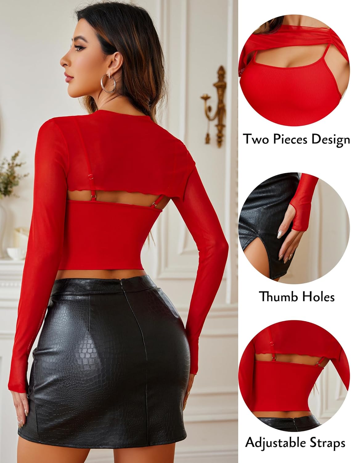 Avidlove Women Sexy Long Sleeve Mesh Crop Top Solid Cover Up with Spaghetti Strap Cami Top 2 Pieces Clubwear with Thumb Holes - Image 4