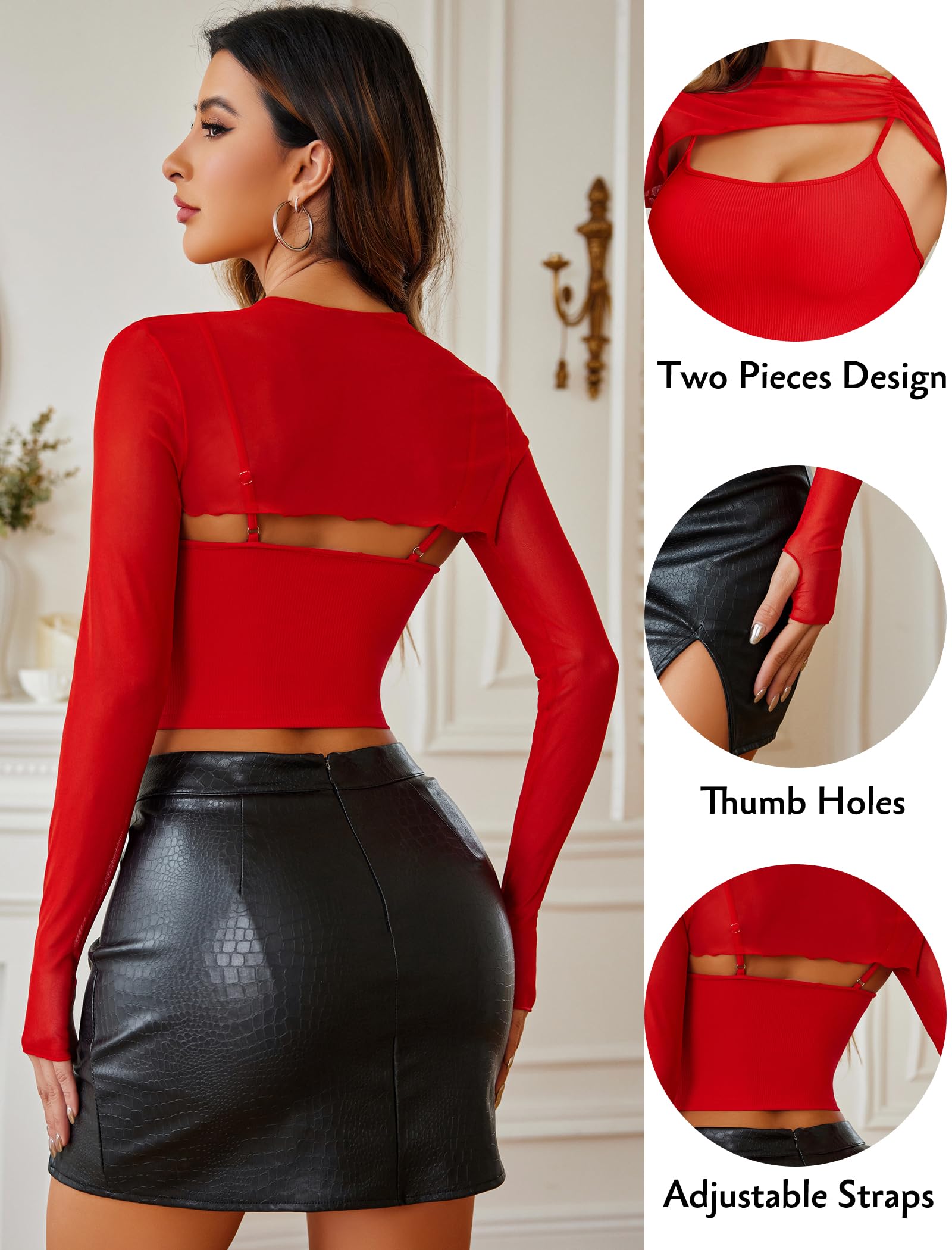 Avidlove Haut court sexy à manches longues en maille pour femme avec bretelles spaghetti 2 pièces avec trous pour les pouces, Rouge, Taille L