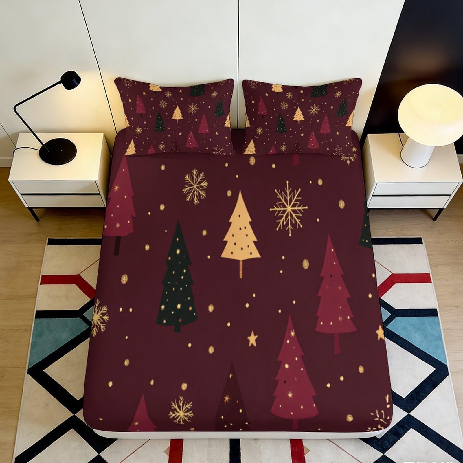 3D Printed Christmas Tree Fitted Sheet Microfiber Soft Maroon Snowflake Mattress Cover for Bedroom Guest Room Decor 90x200x25cm