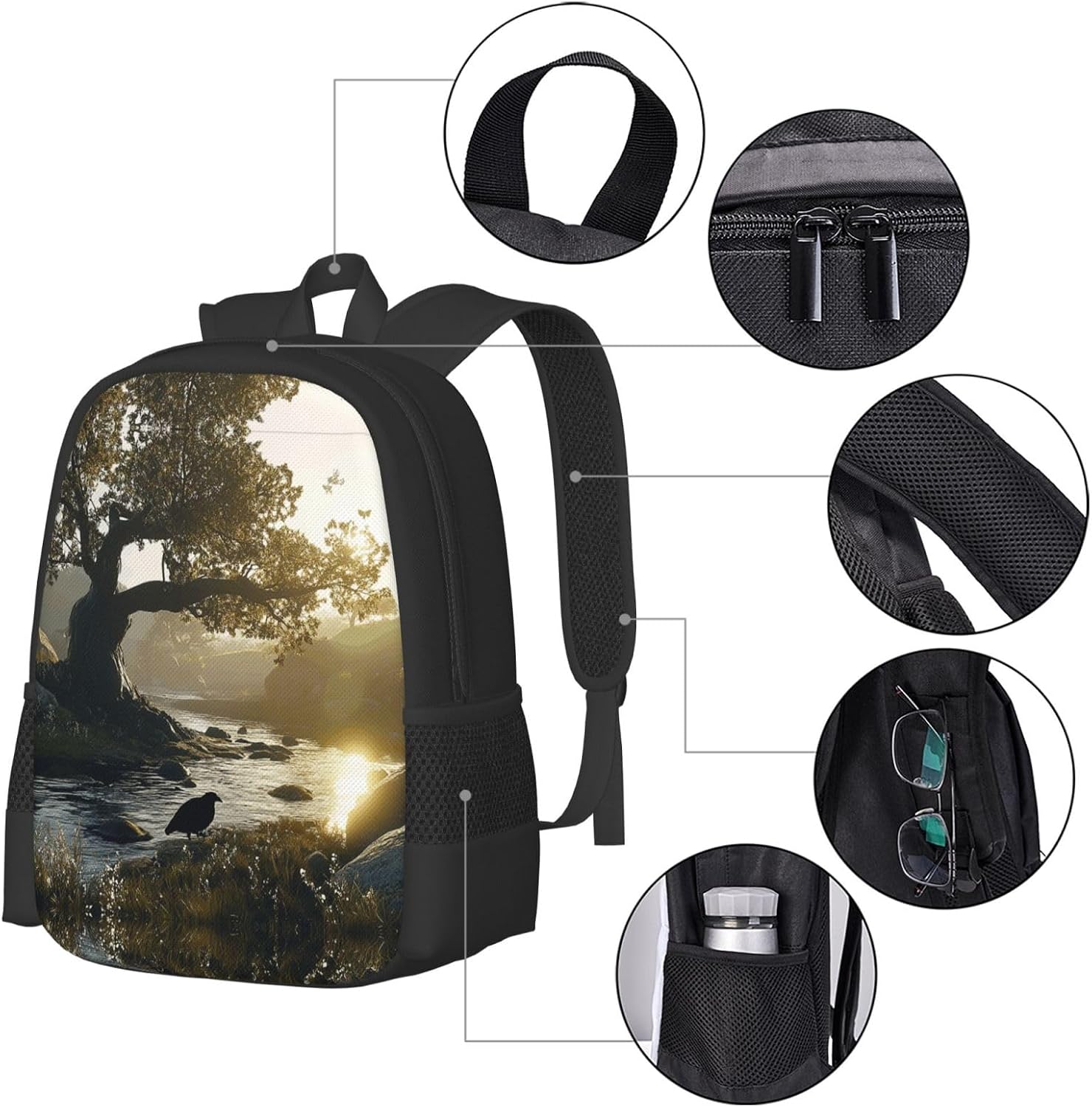 Birds and Trees Backpack Unisex 15.6 Inch Laptop Black Oxford Daypack image 4