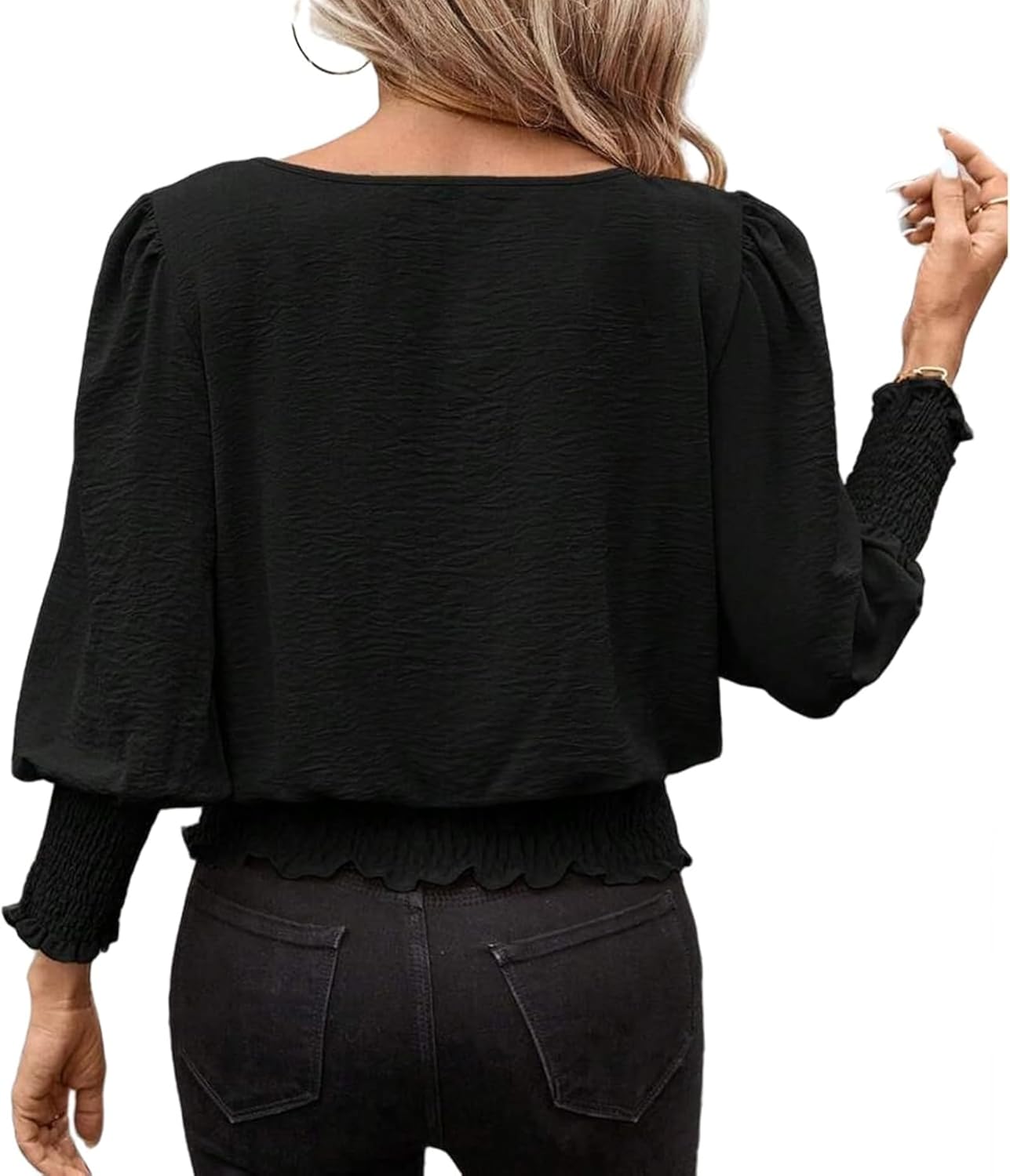Banded Bottom Tops for Women Smocked Tops Elastic Cinched Waist Top Dressy Blouse 3/4 Length Sleeve Casual Outfits - Image 8