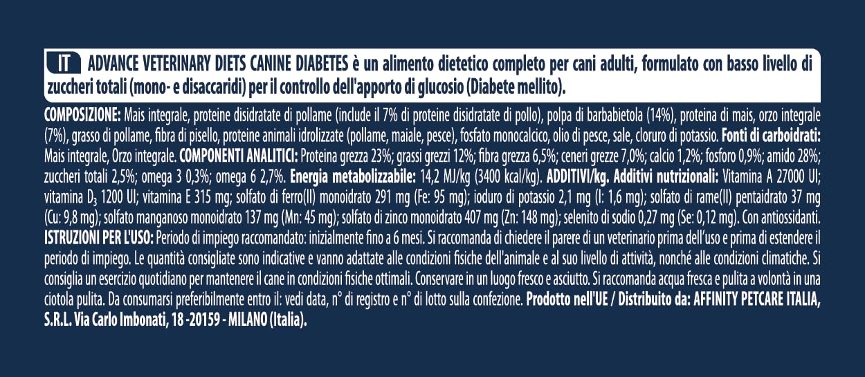Advance Veterinary Diets - Diabetes Colitis - Cibo per Cani con - 12kg