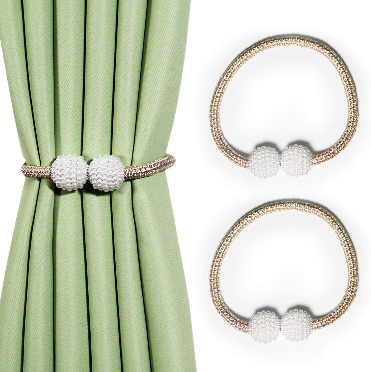 RAMCHA Round Pearl Polyester and Magnet Curtain Tiebacks Drapery Holdbacks Binding Tie Band for Living Room Decoration, Medium, Beige - Set of 2 Pieces, Standard (SWT109)