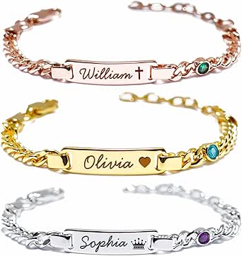 Custom Baby Birthstone Bracelets with Name for Infant Girls, Personalized 18K Gold Plated Bracelet Engraved Name Baby Birthday Gifts for Boys Girls