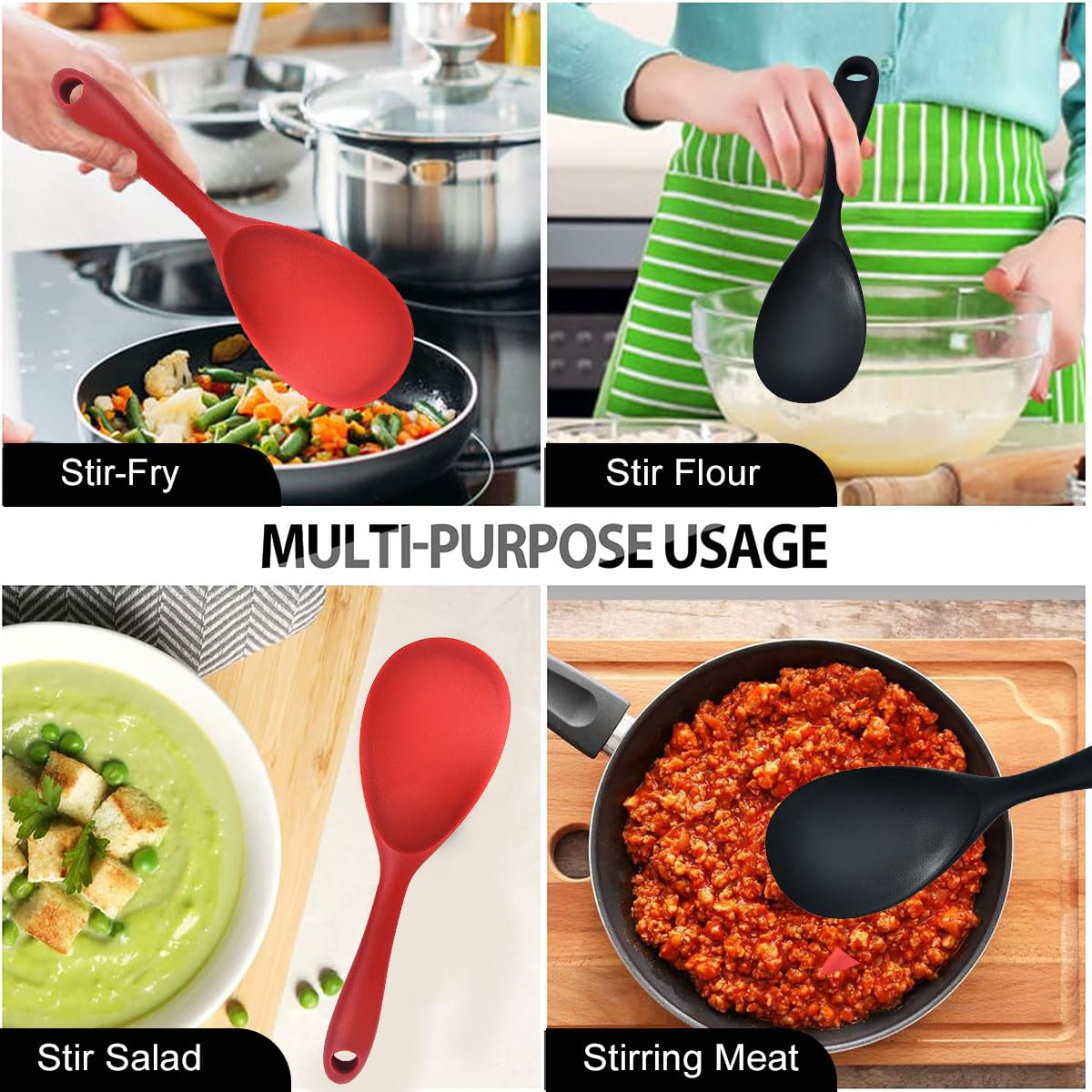 Paletta Riso, Cucchiai da Riso, Cucchiaio da Riso Antiaderente, Cucchiai Da Cucina In Silicone, Cucchiaio di Silicone per Mescolare, Cucchiaino per Servire Riso, per Mescolare Miscelare (Rosso＆Nero)