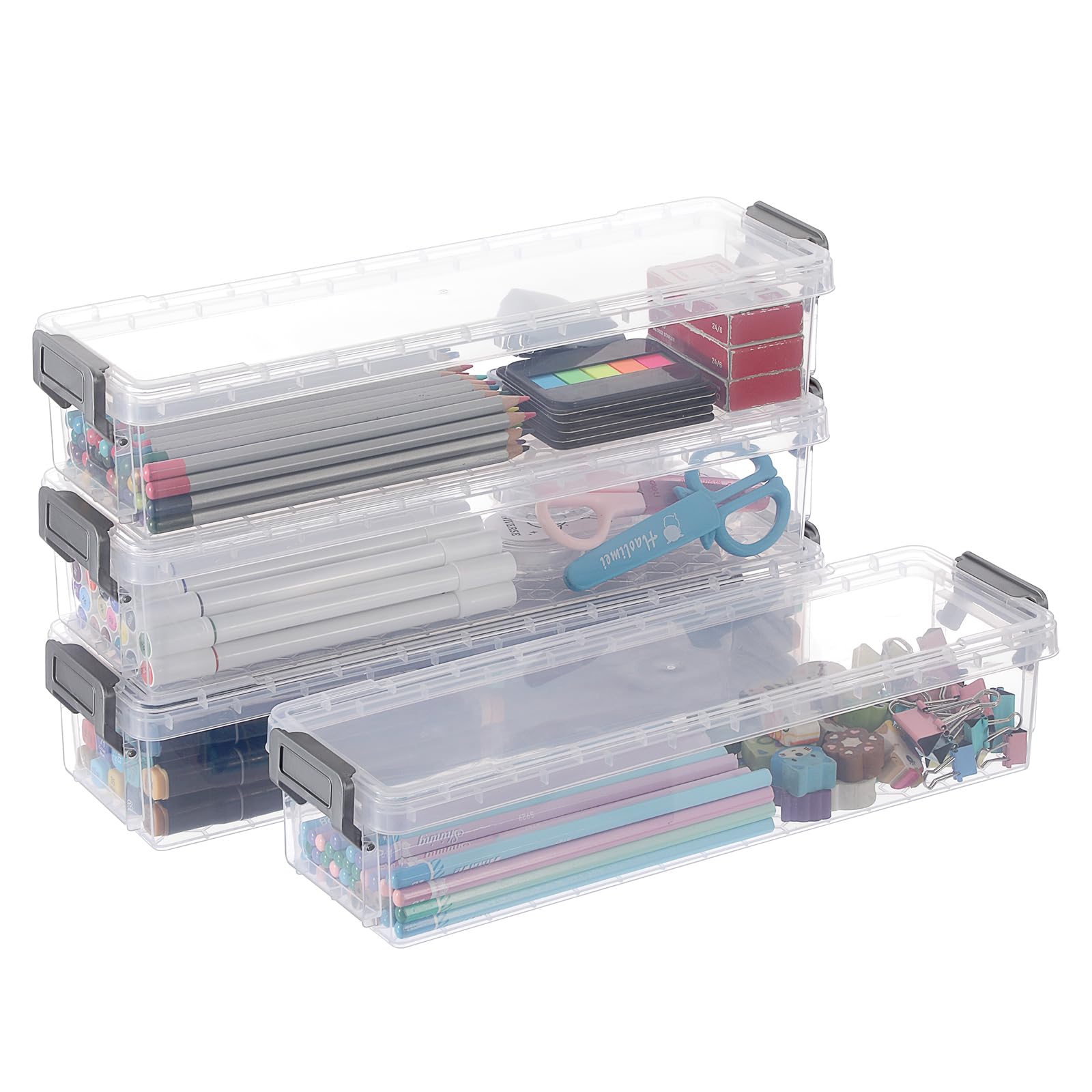BTSKY 4 Pack Extra Long Plastic Pencil Box- Stackable Stationery Supplies Organizer Box, Clear Plastic Pencil Case, Large Capacity Storage Case for