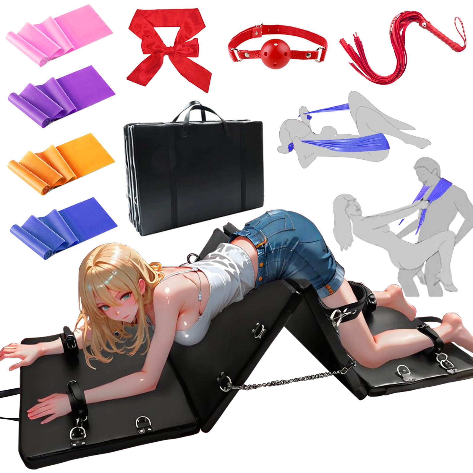 Lit de Bondage Sexuel, Tokhub BDSM Ensemble de Contrainte Sexuelle | Valeur Supérieure à 200 £–Kit Portable Pliable en Cuir PU avec Menottes, Équipement de Retenue-Meuble Sexuel SM pour Couple&Sortie