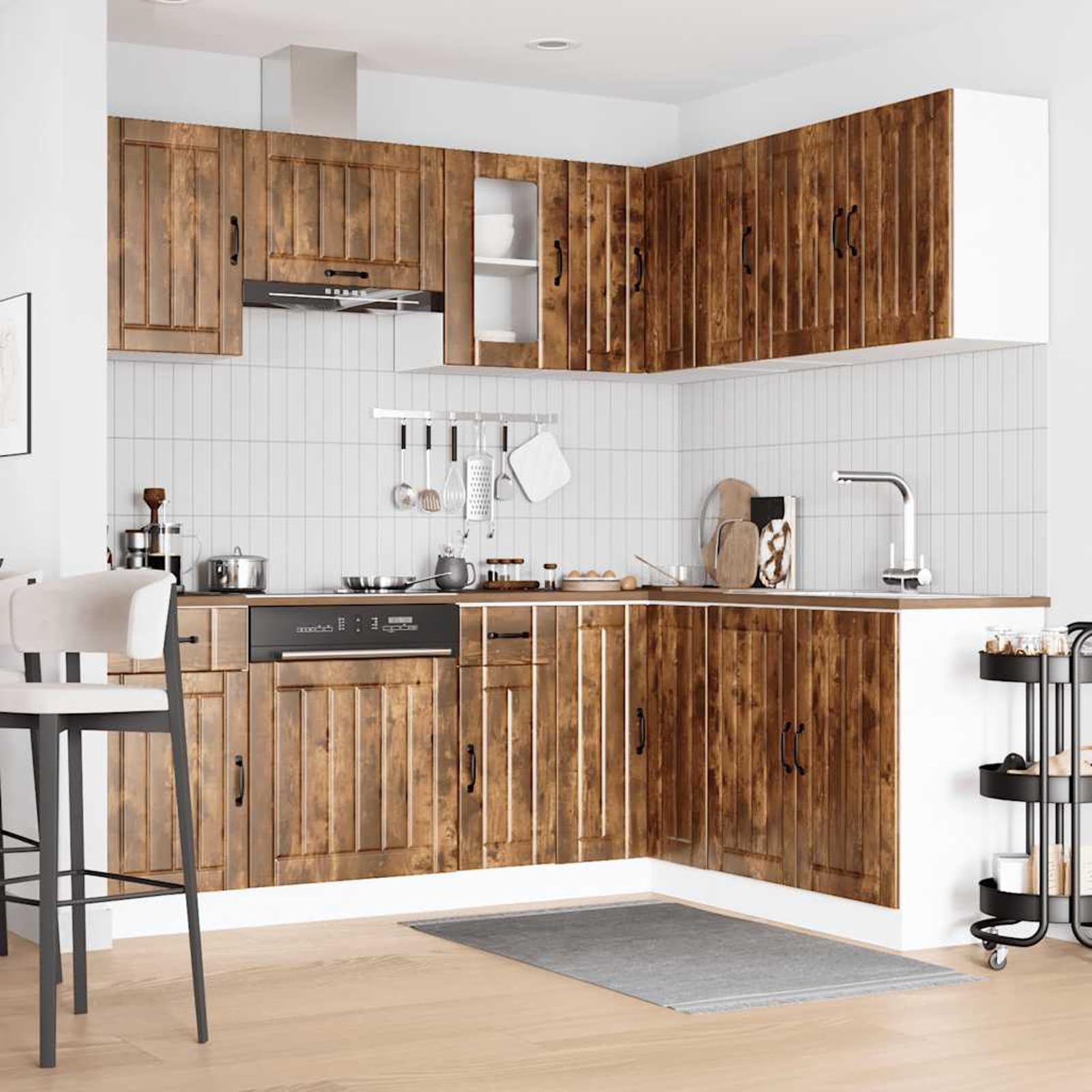 Gecheer Set Mobili Cucina 11 Pezzi, Composizione Modulare Kalmar Rovere Fumo, Legno Multistrato e Vetro, per Arredamento Cucina Moderna e Classica