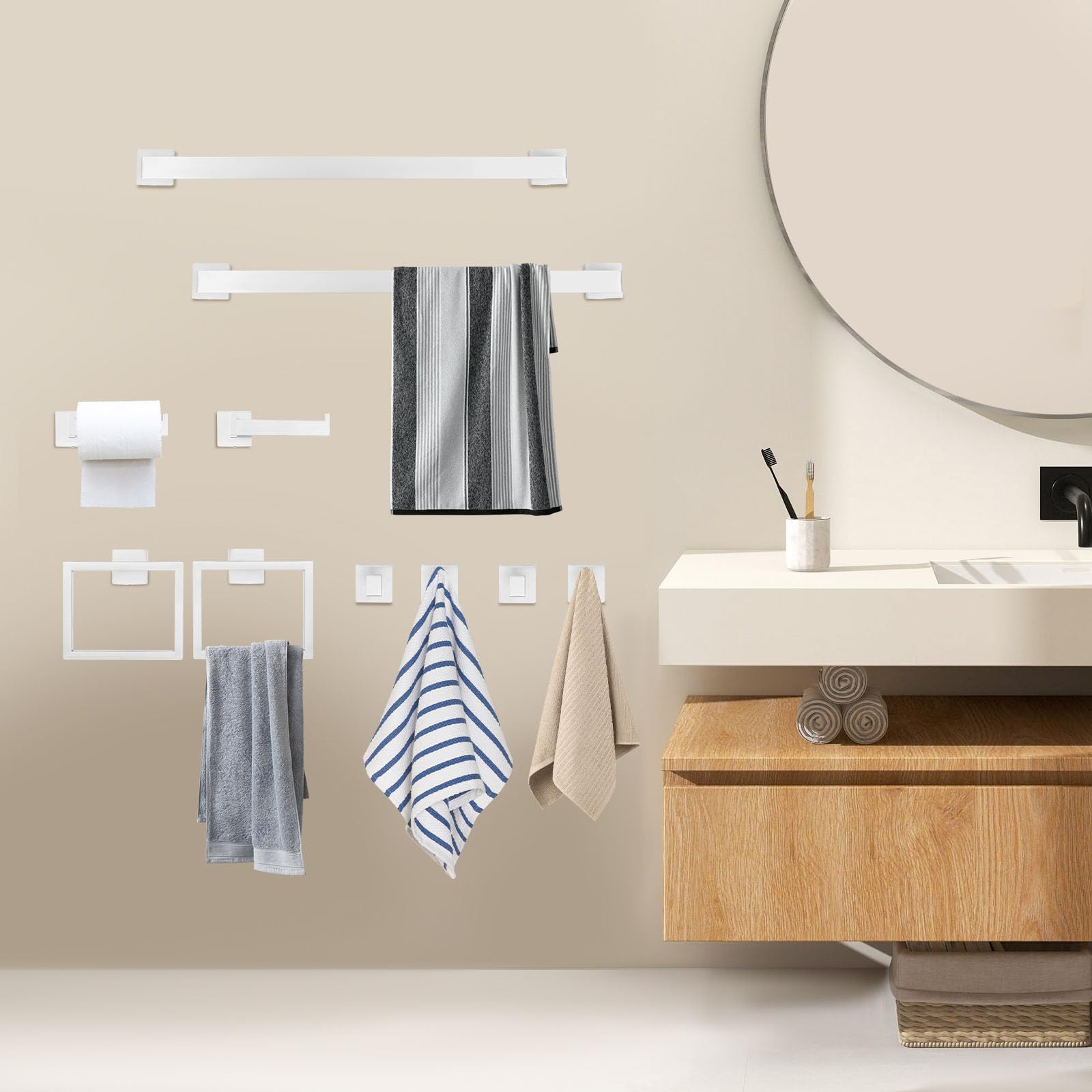 Lot de 20 porte-serviettes en acier inoxydable pour salle de bain - Fixation murale - Noir - Pour salle de bain et cuisine (argenté)