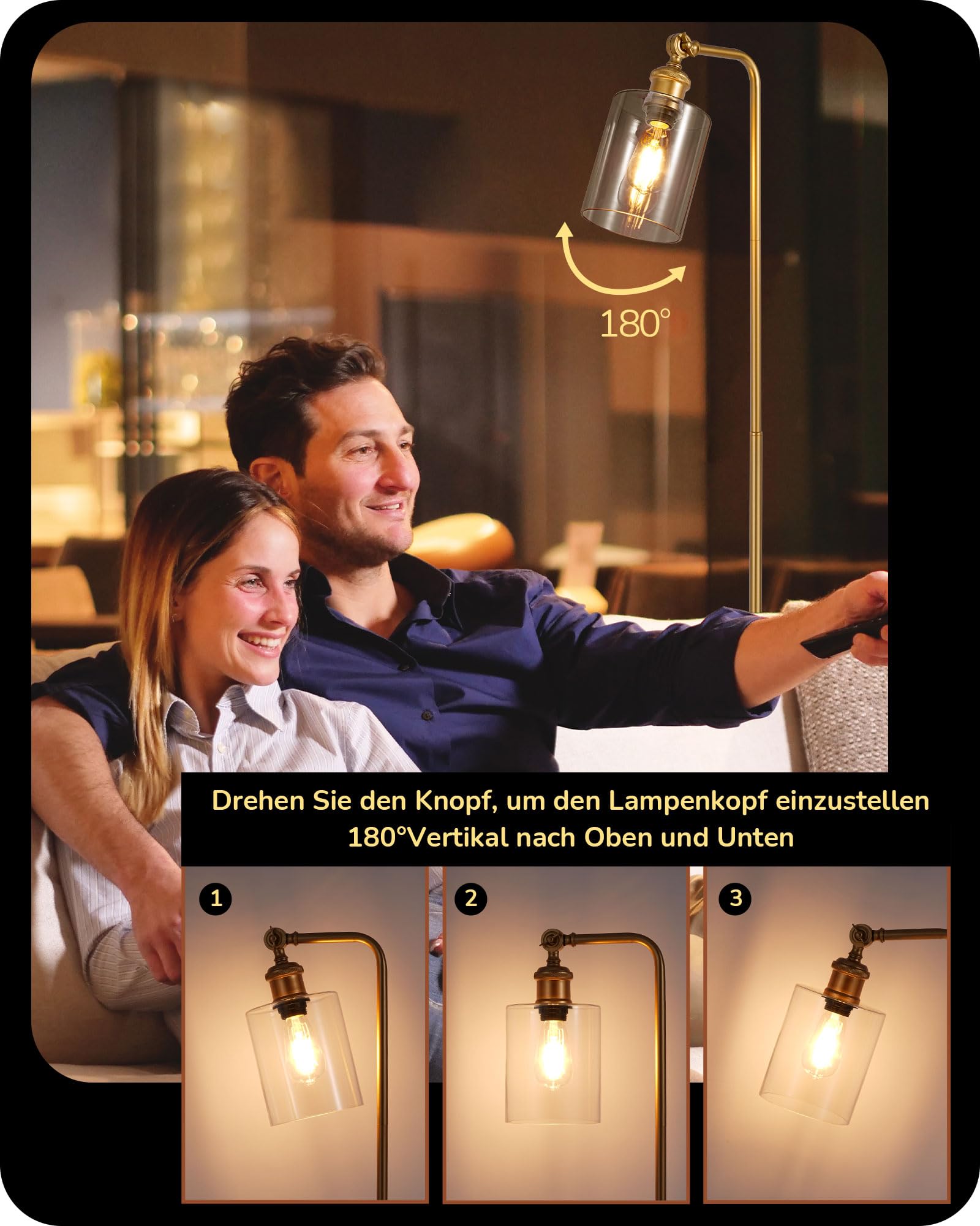 EDISHINE Woonkamer Staande Lamp, Staande Lamp met Glazen Kap, LED Moderne Heldere Staande Lamp, Staande Lamp voor Woonkamer, Hoek, E27 fitting, Inclusief 6 W 2700 K Lamp, Goud