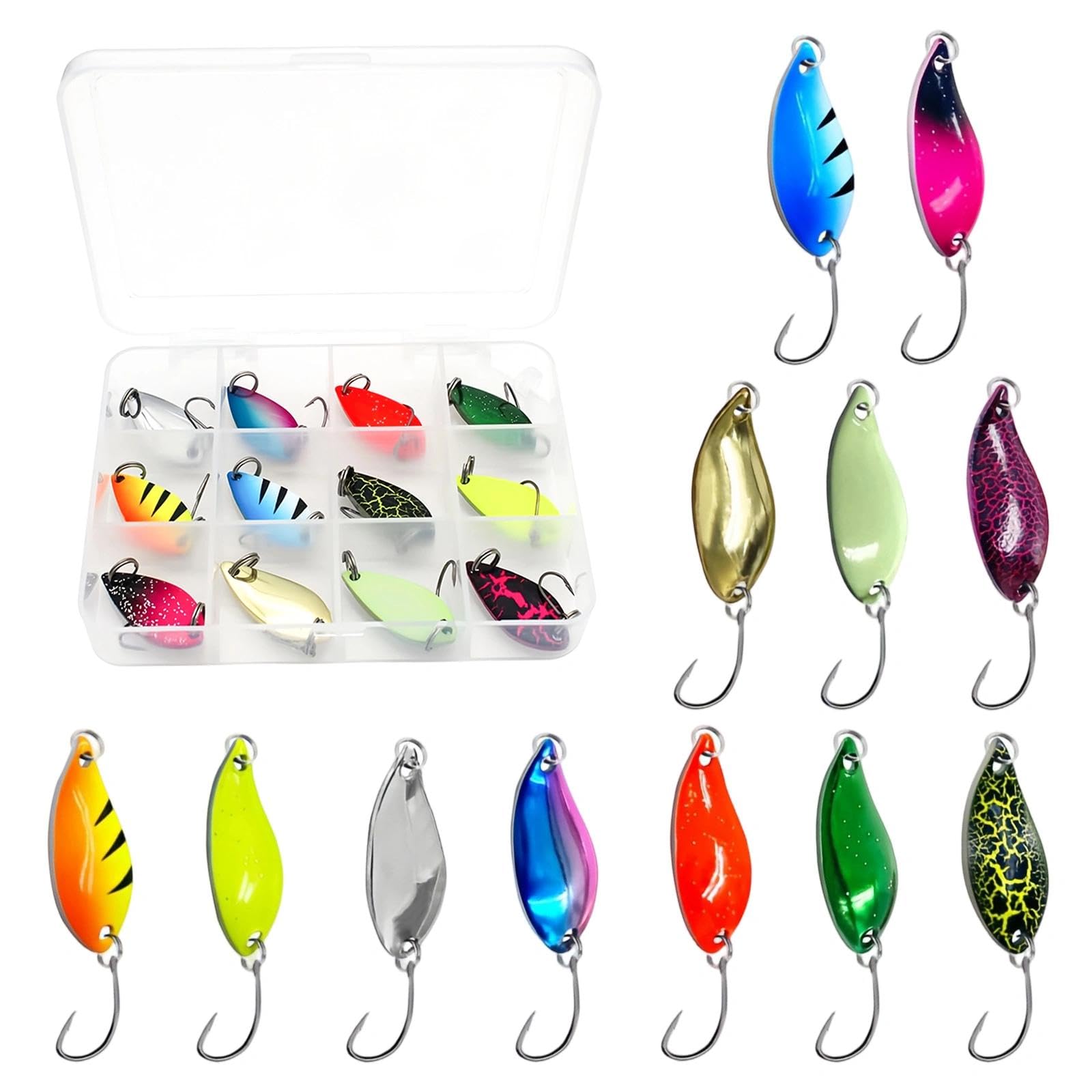 Láminas Coloridas Cucharillas Pesca, Set de 12 Señuelos Pesca, Forma de Cuchara Señuelos de Pesca para Trucha, Set de Cebos de 3,5g, Adaptado para la Pesca de Trucha, Salmón y Perca