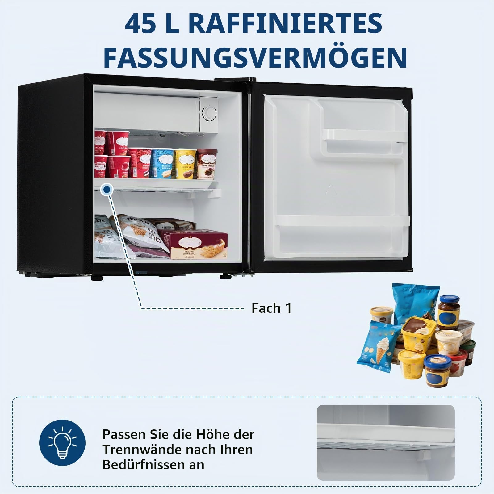 Kühlschrank, Mini Kühlschrank 45L Schnelle Kühlung In Der Chiller Box, 5 Temperaturstufen (0-18℃), 41 dB Leiser Betrieb, Verstellbare Füße, Kompakt, Gemüseschublade, für Zimmer & Büro