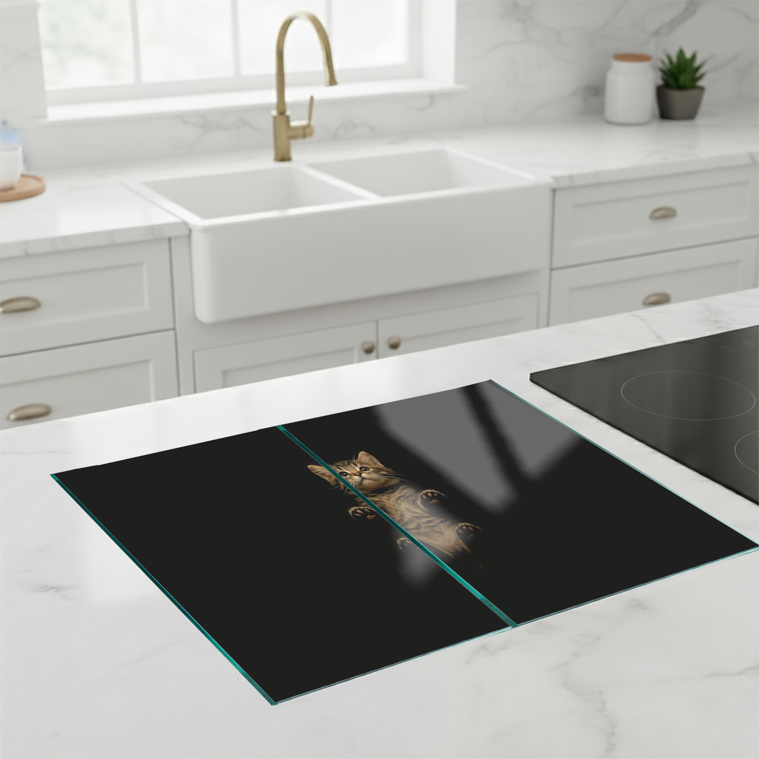 Lot de 2 plaques de recouvrement de cuisinière, en verre trempé, 40 x 52 + 45 x 52 cm, hygiéniques et antidérapantes, pour induction, vitrocéramique, pour chat unique