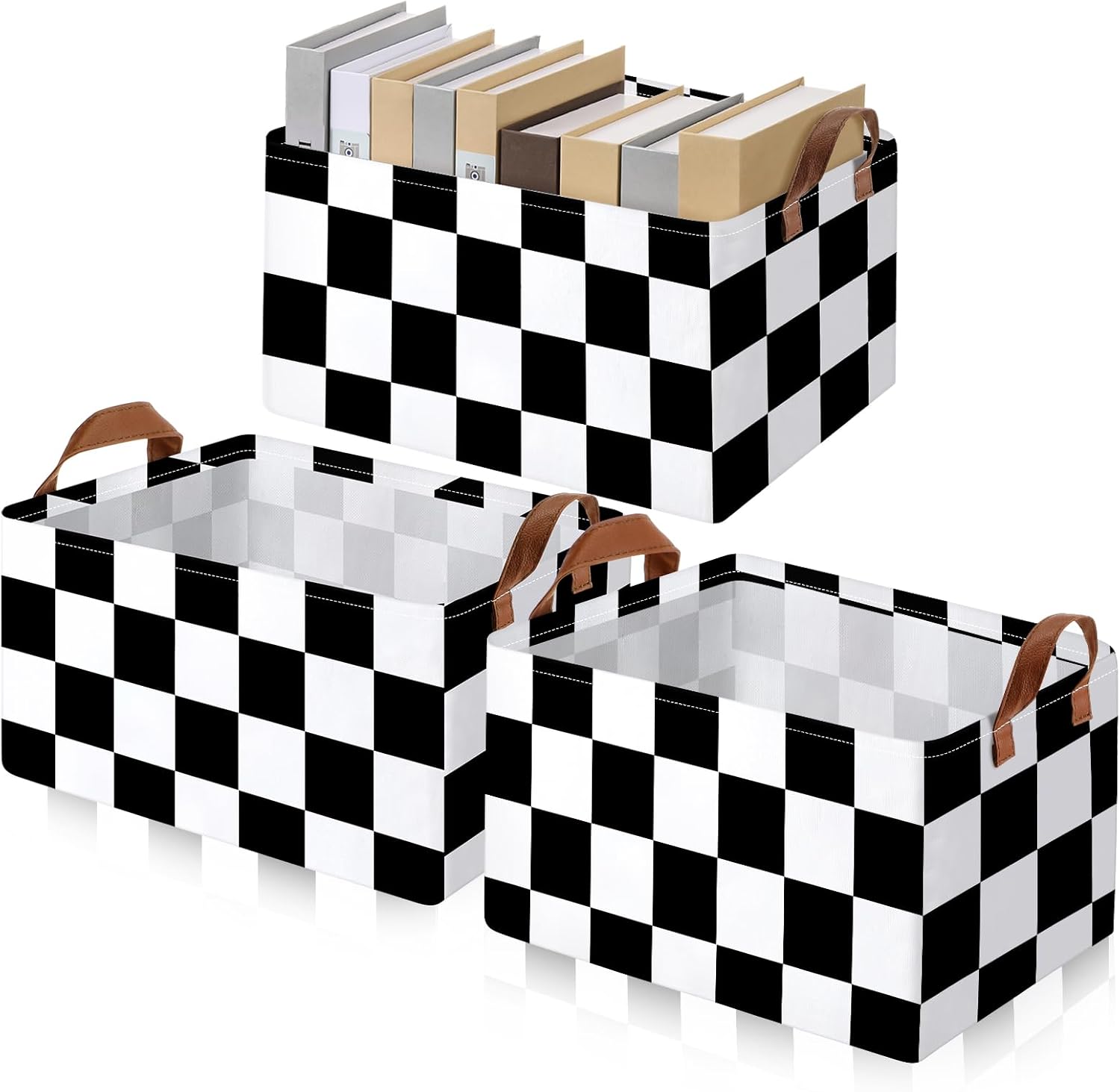 Boao 3 Pcs Checkered Basket Checkered Storage Bin with Handles Gingham Storage Bin Square Tote Laundry Basket Canvas Foldable Box for Home Office Bedroom Bathroom Clothes Cars(Black)