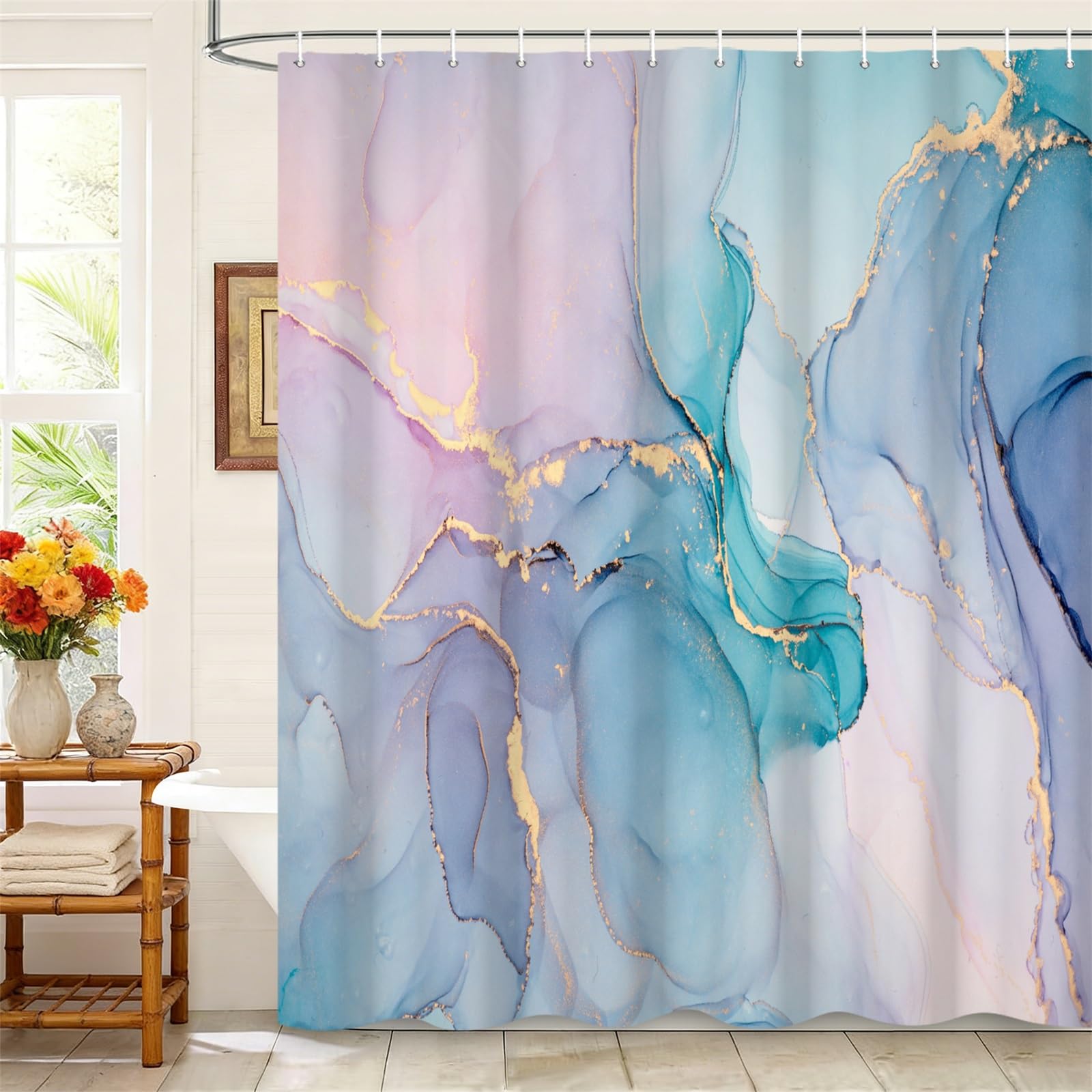 Kzzfqxb 183x183cm Shower Curtains with Plastic Hooks, Waterproof Occluded Blue Purple Green Marble Texture Golden Lines Waterflow Art Pattern for Bath, Polyester Fabric for Bathroom Bathtub — image 1