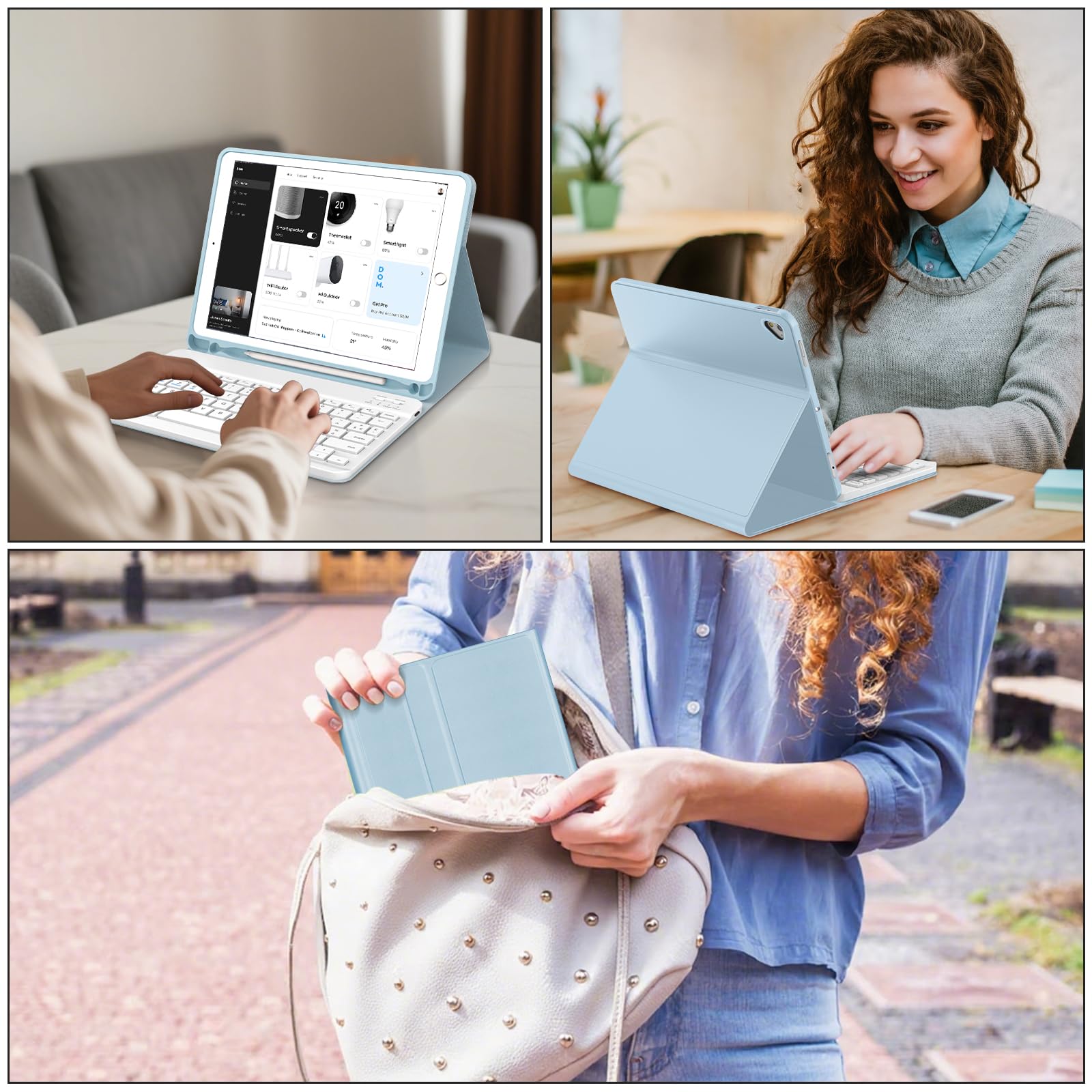 Coque Clavier pour iPad 6e/5e Génération 9.7 Pouces, AZERTY Français Housse Clavier Bluetooth Magnétique Détachable avec Porte Crayon pour iPad 2018/2017 9.7", Air 2/1, Pro 9.7 2016, Bleu Ciel