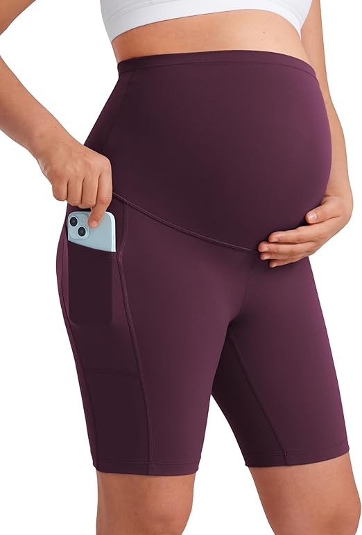 CRZ YOGA Womens Butterluxe Maternity Yoga Biker Shorts with Pockets 8" - Over The Belly Pregnancy Workout Athletic