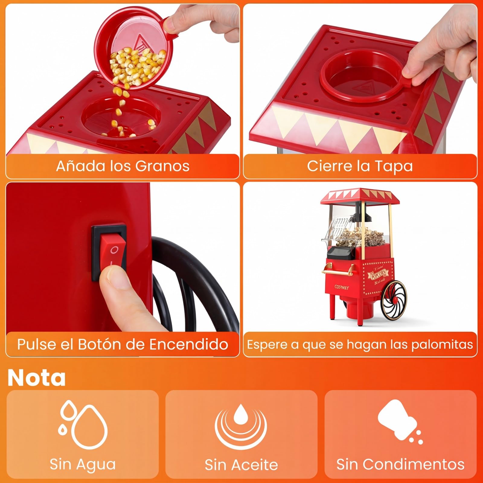 LIFEZEAL 1200 W Palomitero Eléctrico Retro, Máquina de Palomitas Maíz con Vaso Medidor para Granos, Capacidad de 12 Tazas, Aire Caliente sin Aceite, Palomitera de Encimera para Casa, Cine, Fiesta