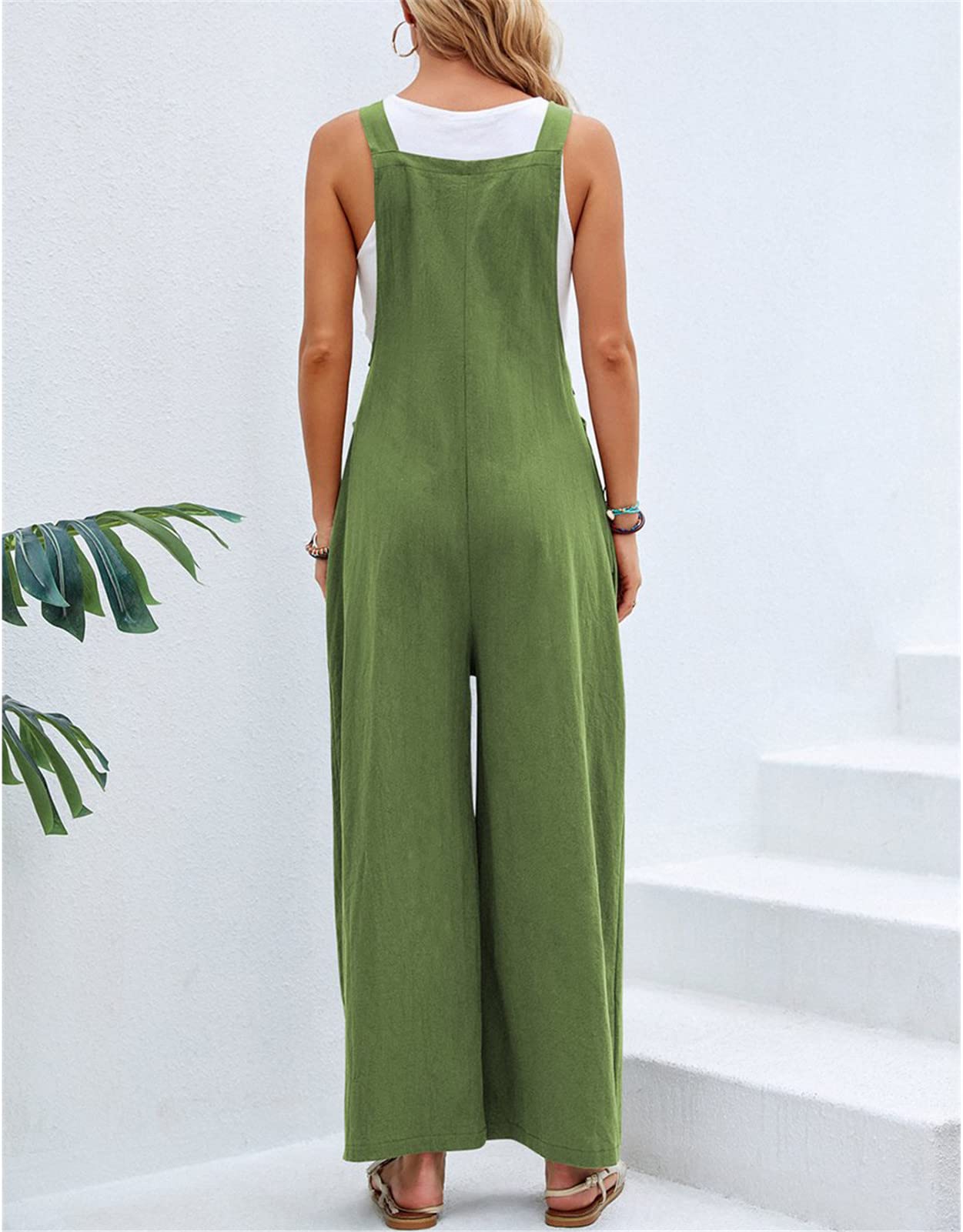 SotRong Salopette pour femme - Combinaison à jambes larges, poches et bretelles - Coupe ample - Style bohème - Sans manches - Tenue d’été
