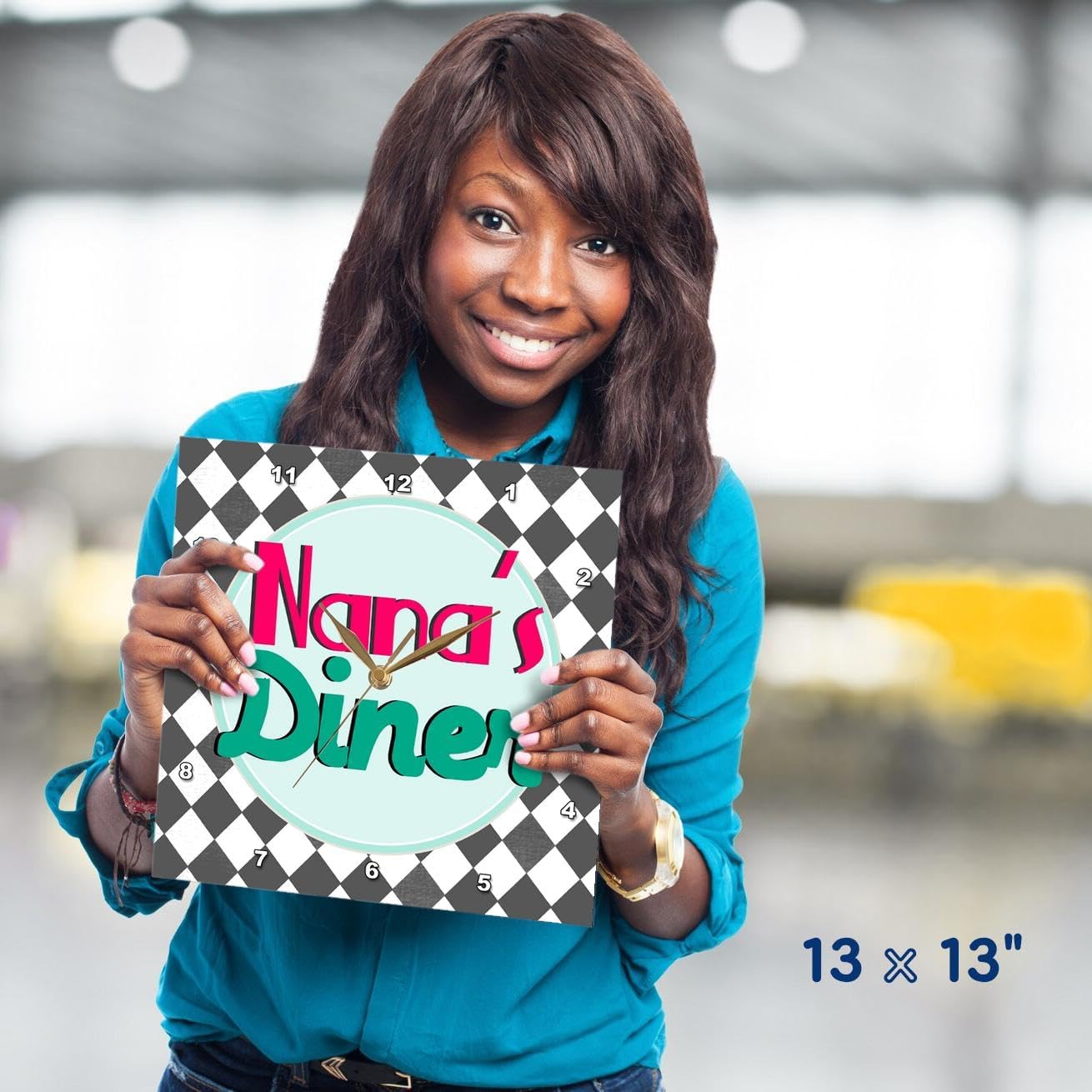 3dRose DPP_151663_2 Nanas Diner Sign on Black Retro Hot Pink Turquoise Teal Blue 1950S 50S Fifties Grandmas Kitchen Wall Clock, 13 by 13-Inch