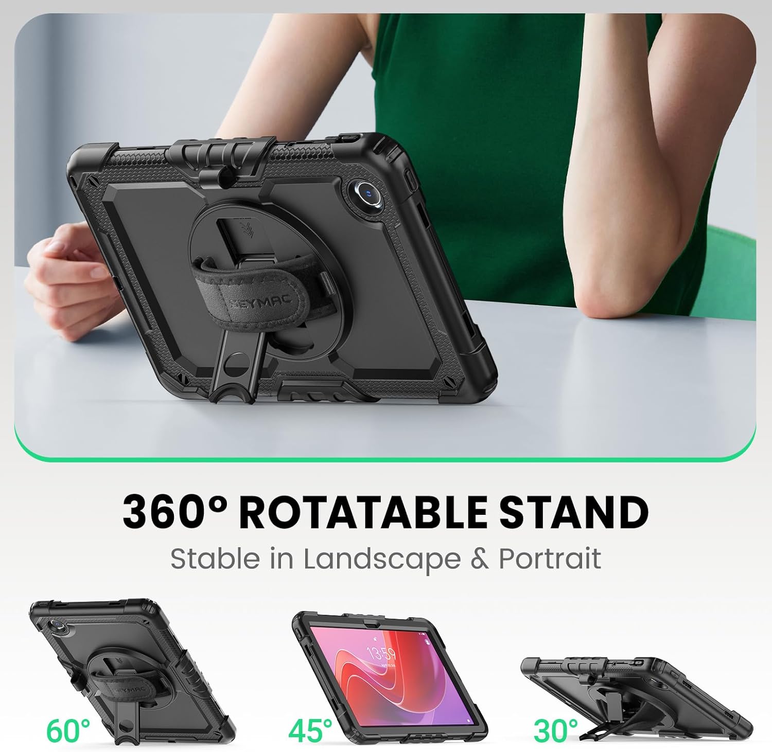 SEYMAC Case for Lenovo Tab M11/K11 11 Inch, Heavy Duty Shockproof Protective Case with Screen Protector, 360° Rotating Stand, Hand/Shoulder Strap and Pen Holder, Black