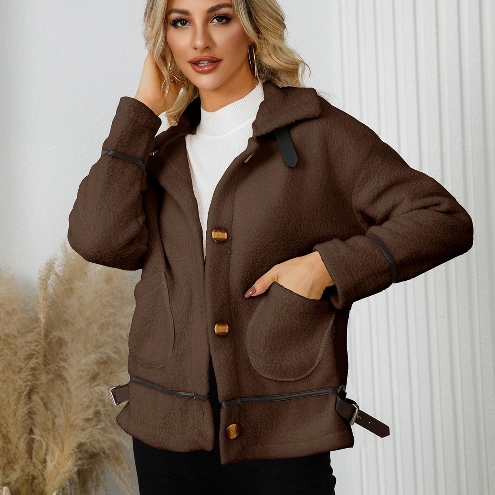Generisch Fleecejacke Damen Pullover Damen Fleecemantel mit Revers und Knopfverschluss, kurzes, warmes Cardigan-Oberteil