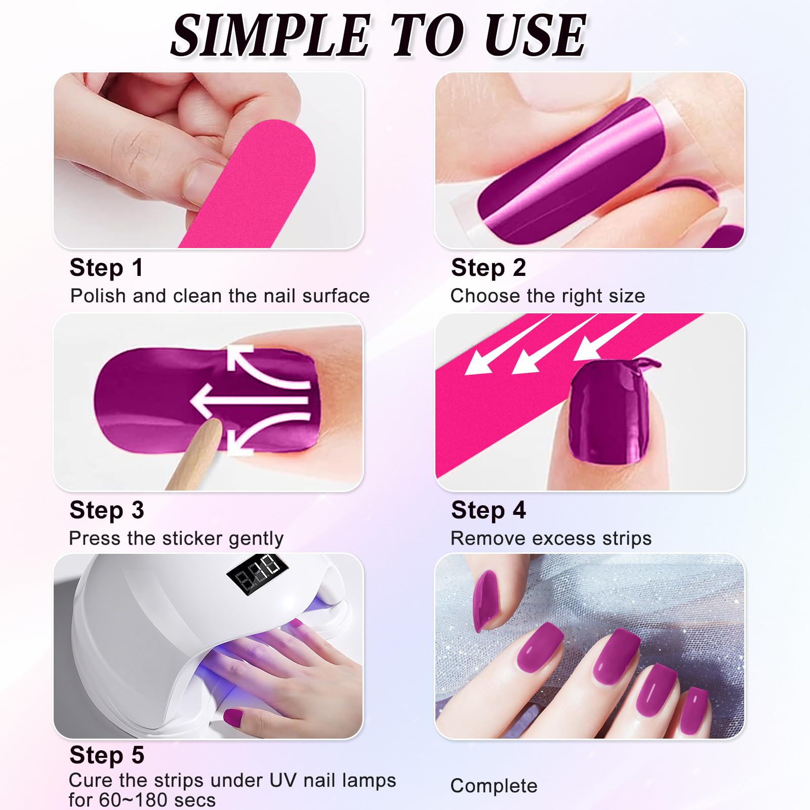 22 Stück UV Gel Nagelfolien Halbgehärtet – Selbstklebend, Glitzernd Rosa, Inkl. Feile & Zubehör