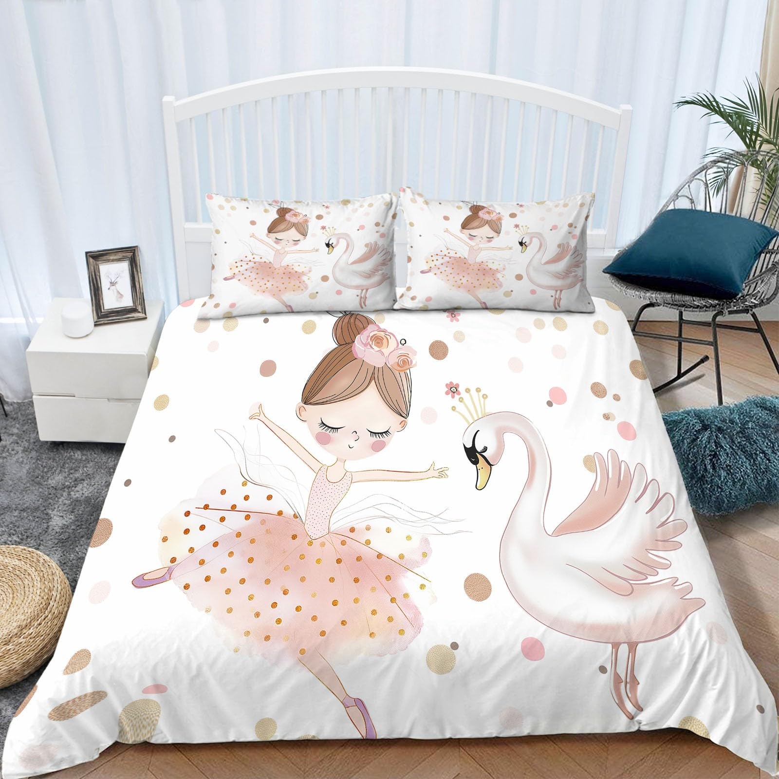 Juego de Funda Nórdica 3 Piezas Infantil para Cama 90 Caricatura Bailarina Cisne Juego de Funda de edredón 150x200 cm, Fundas de Cama de Polialgodón Suave Fundas Nórdicas