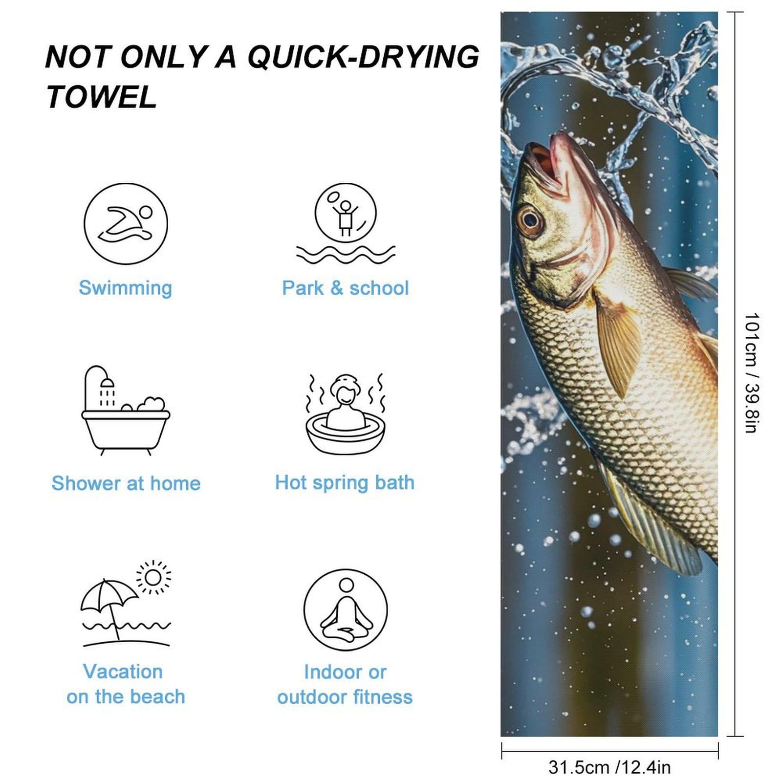 FHESDCW Big Mouth Bass Bites Bait Towel Quick Dry Ice Towels for Hot Weather Breathable Camping Towels Sweat Super Absorbent Bathroom Towel for Gym Yoga Pilates Exercise