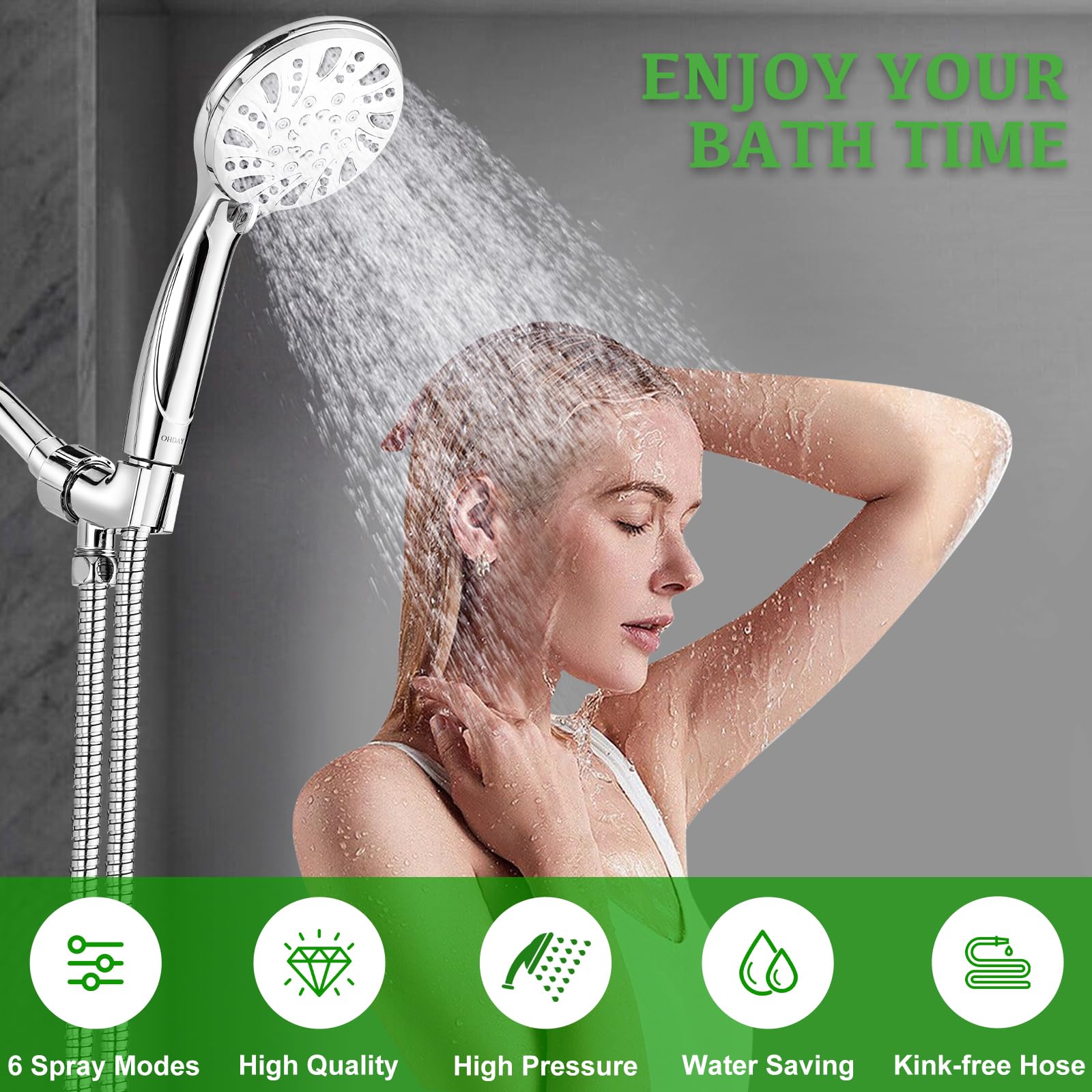 OHDAY® - Cabezal de ducha de alta presión con mano - Potente cabezal de ducha de 6 modos con manguera de acero inoxidable de 70 pulgadas, soporte ajustable y lavado a presión integrado para limpiar la