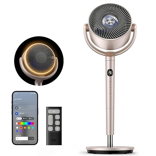 Dreo Smart Fans for Bedroom, 120° +120° Omni-Directional Oscillating Fan, 90ft Quiet Pedestal Fan with RGB Light, 9 Speeds, 6 Modes, 20dB, 8H Timer, Wi-Fi/Voice, 37-42" Floor Fans, Starlight