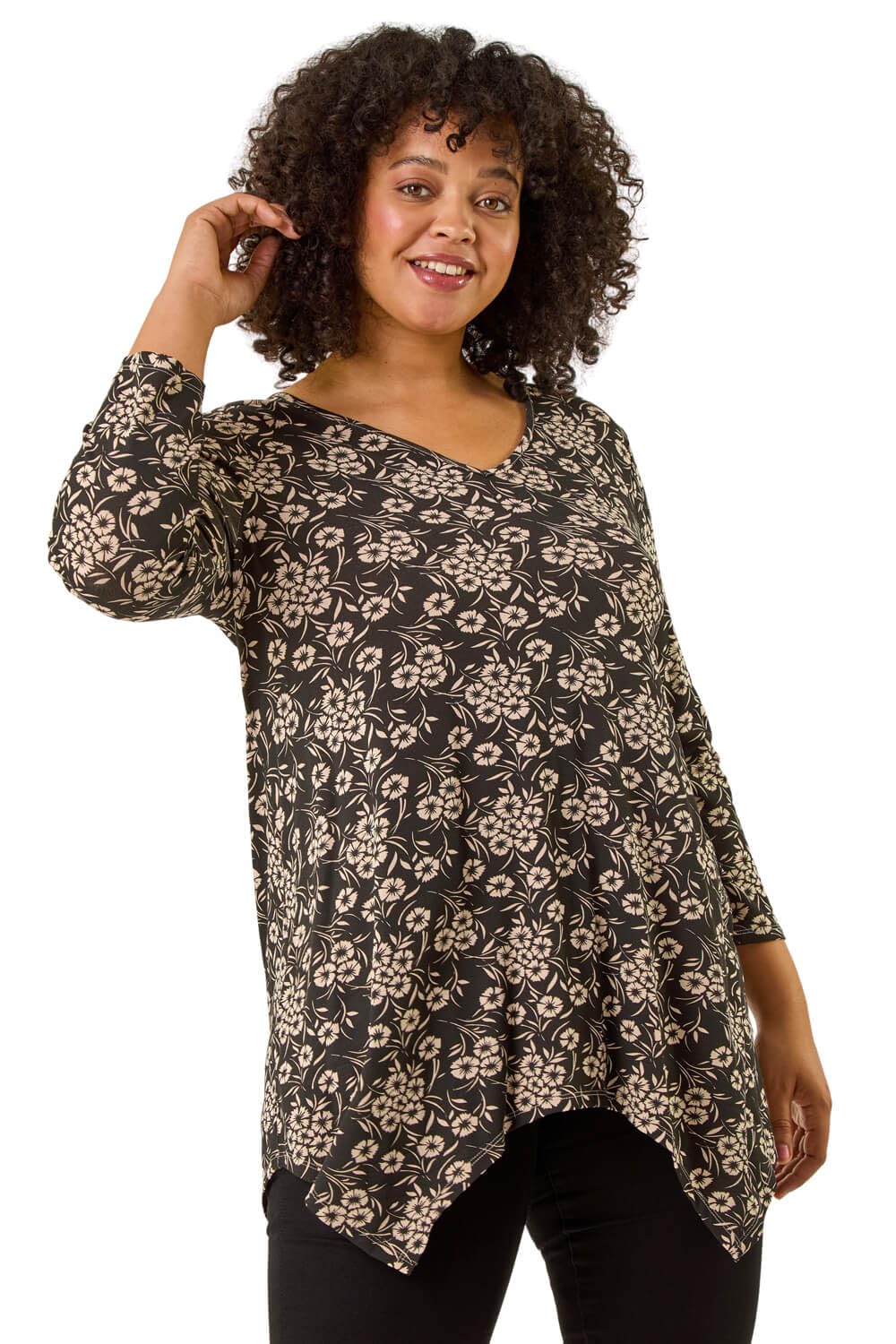 Roman Originals Women's Noir Plus Asymmetric Top Hanky Hem Blouse Stretchy Tunic Occasion Smart Casual Summer Sprint Winter Autumn Cocktail Party Evening 3/4 Short Sleeve - Size 2224