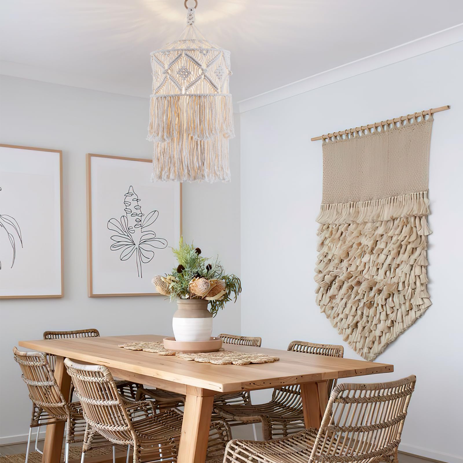 Boho Plug in Pendant Light, Hanging Light with Plug in Cord, Hanging Lamp with Handmade Macrame Lamp Shade, Boho Plug in Hanging Light Fixtures for Living Room Bedroom Decor