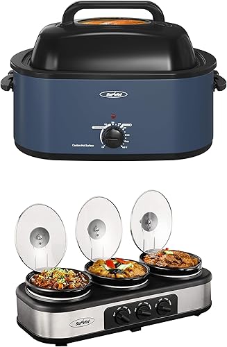 Sunvivi Horno asador y olla de cocción lenta, asador de pavo de 24 cuartos con función única de descongelación/calor, azul, triple olla de cocción