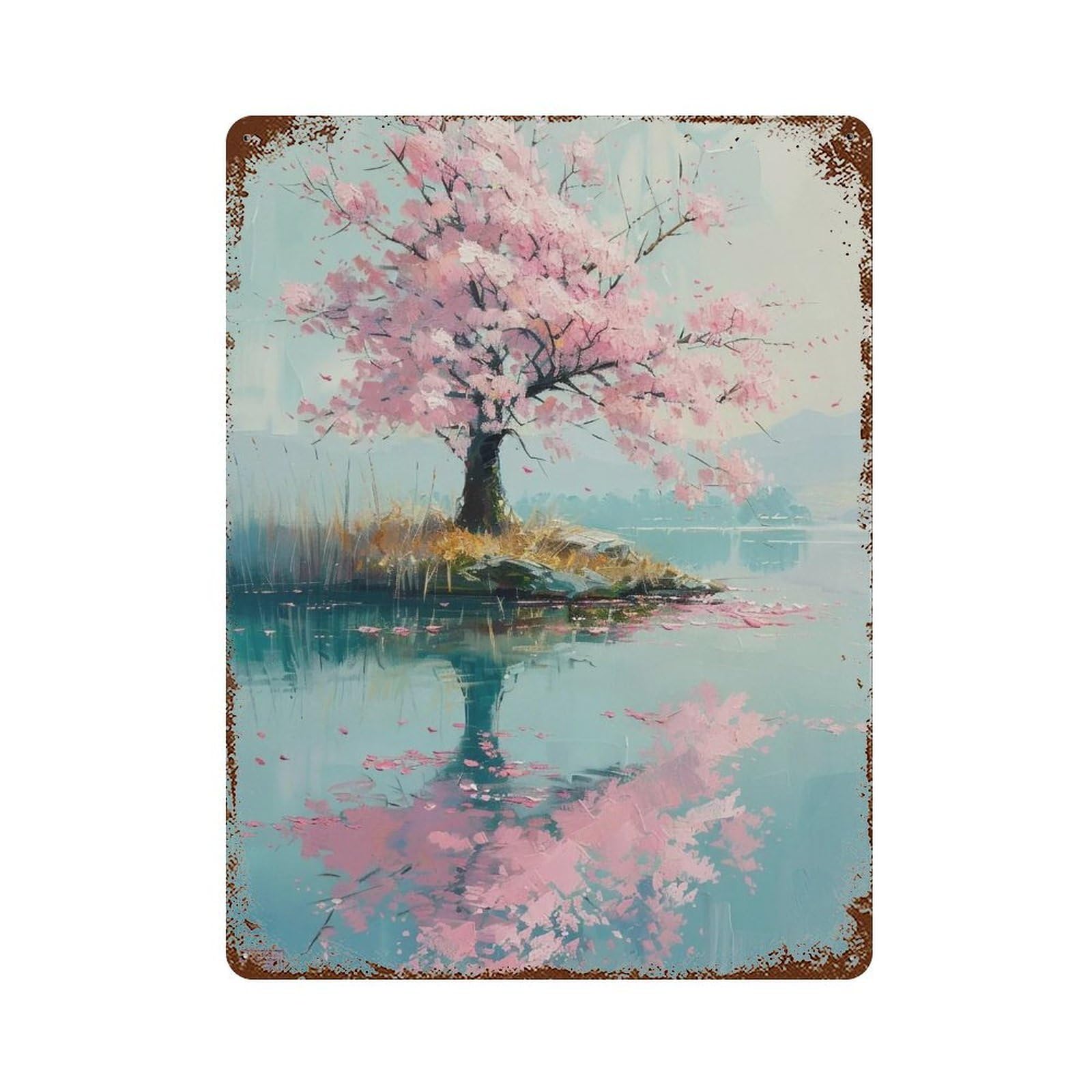 HDURYEYRYY Impasto Sakura Island Mirror Lake 01 Wall Retro Iron Vintage Art Metal Tin Sign Poster Modern Home Cofffee Club Art Bar Shop Decor Style 40x30cm